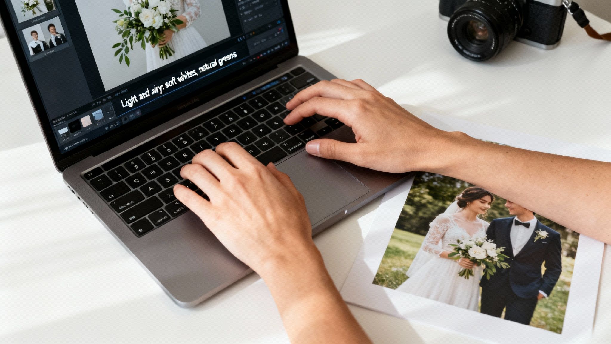 An example of a photographer using a text prompt to edit a wedding photo on a computer.