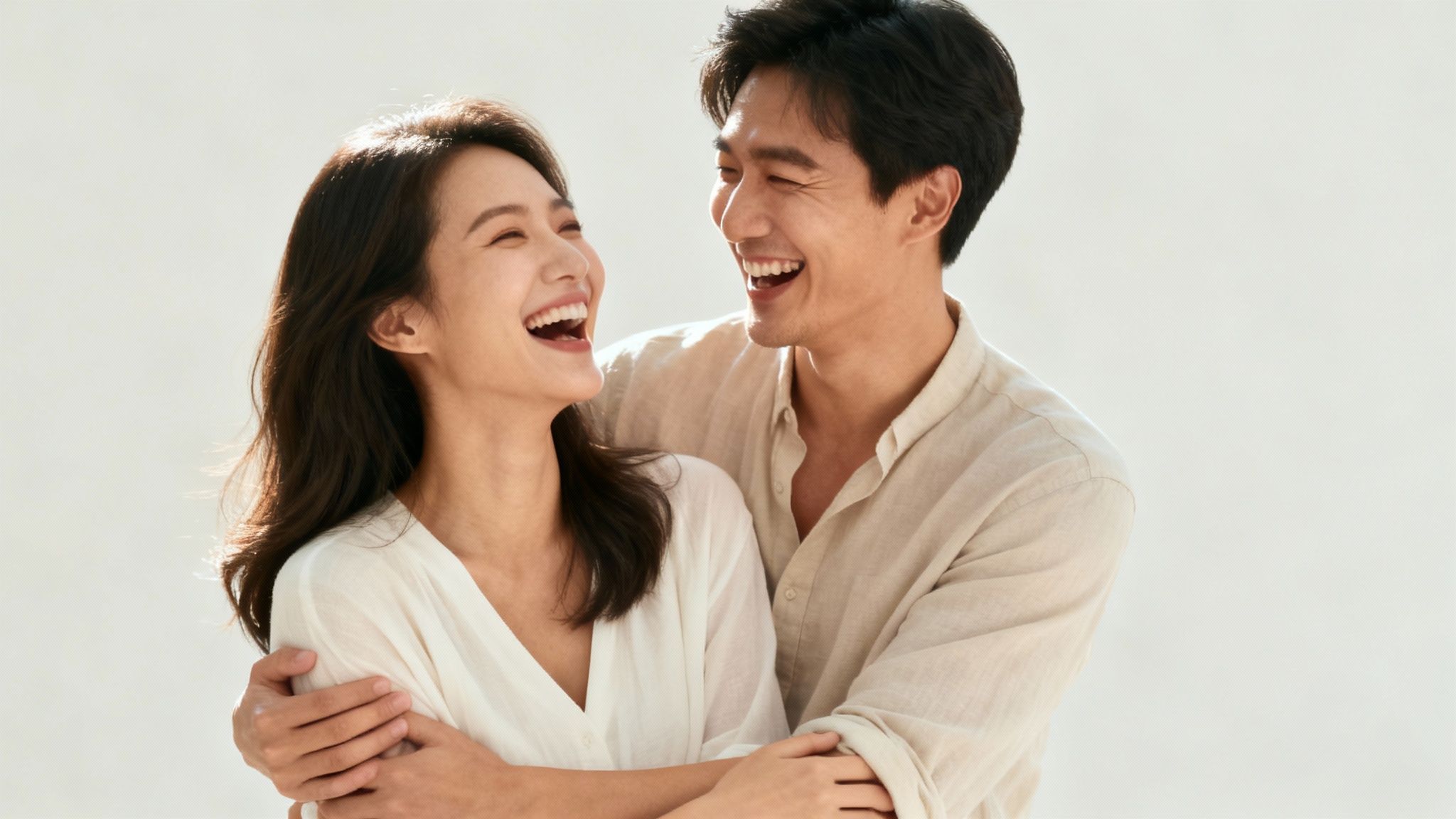 A couple laughing together in an outdoor setting, demonstrating an authentic moment