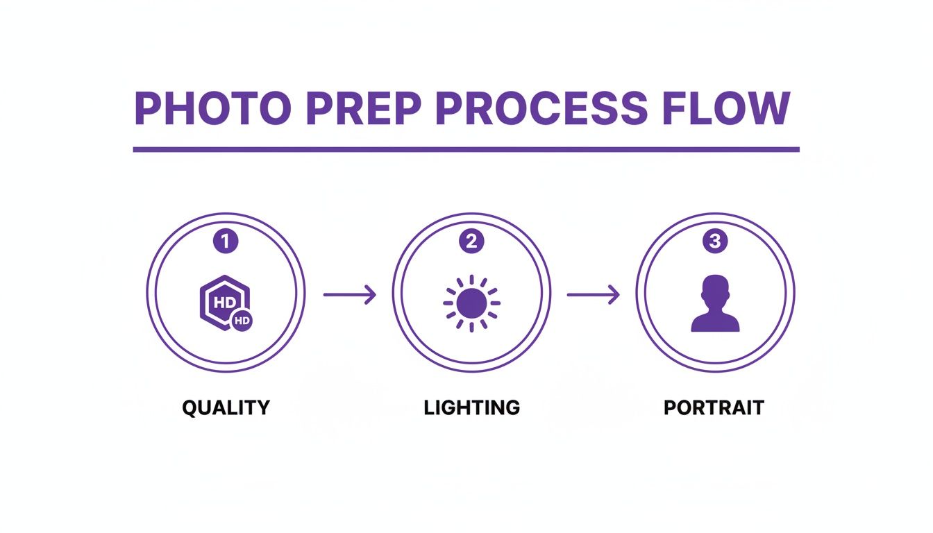 Infographic outlining a photo preparation process with steps for quality, lighting, and portrait.
