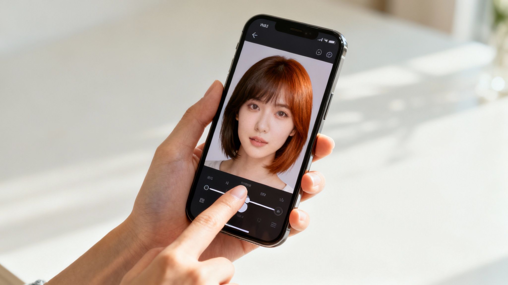 Person holding smartphone using photo editing app to adjust hair color and appearance