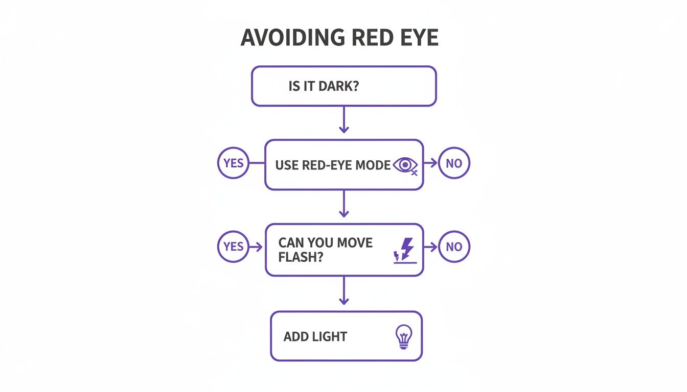 Flowchart illustrating steps to avoid red eye in photography, including using red-eye mode and adding light.