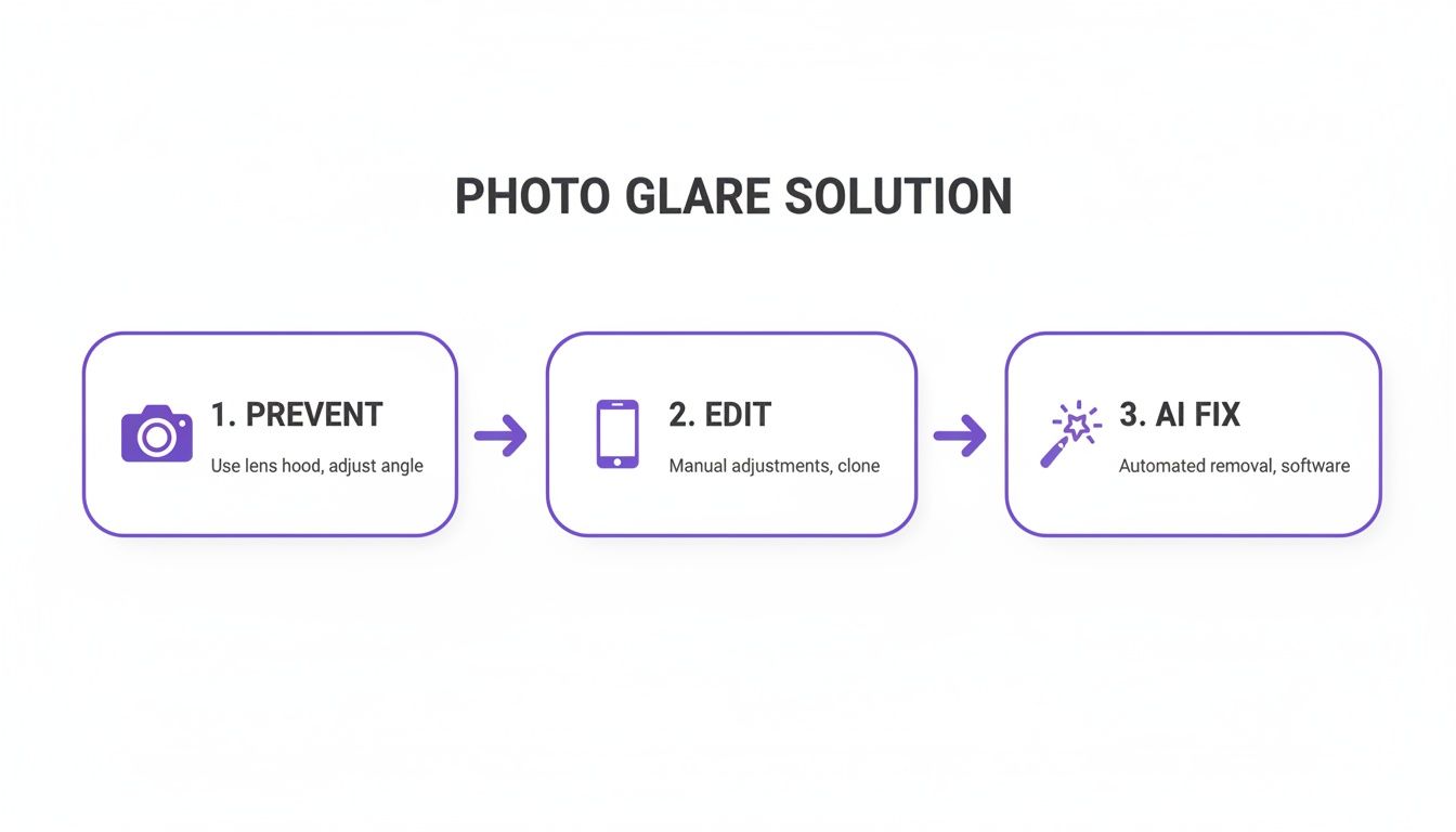Three-step process diagram showing how to prevent, edit, and AI-fix photo glare.