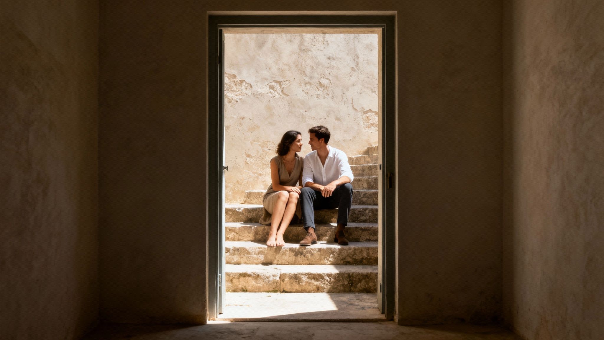 A couple leaning against a textured city wall, demonstrating interaction with their environment.