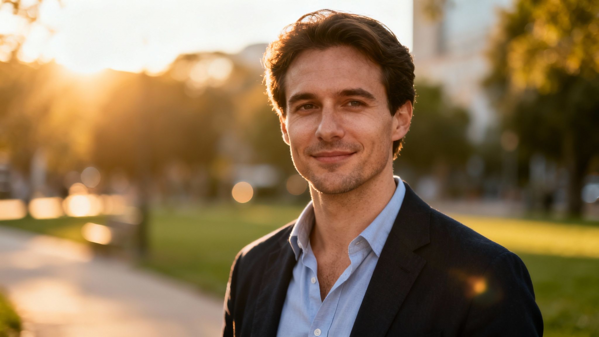 A handsome young man with dark hair smiling, wearing a blue shirt and dark blazer, bathed in golden sunset light outdoors.