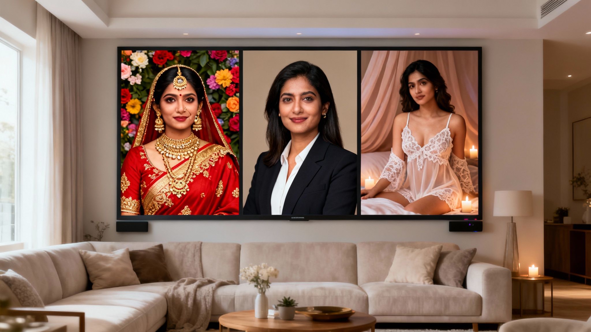 A large TV in a living room displays three portraits of a woman: as an Indian bride, a professional, and in lingerie.
