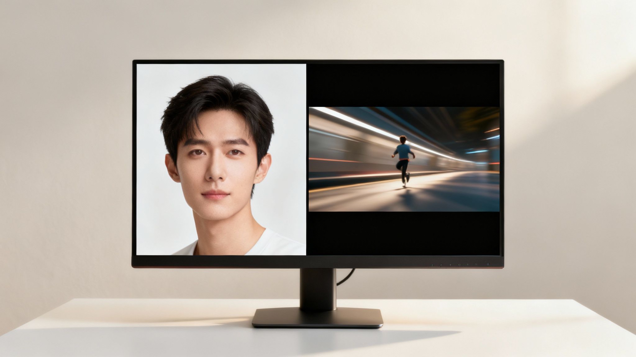 A computer monitor on a desk, displaying a portrait of a man and a person running in a motion-blurred tunnel.
