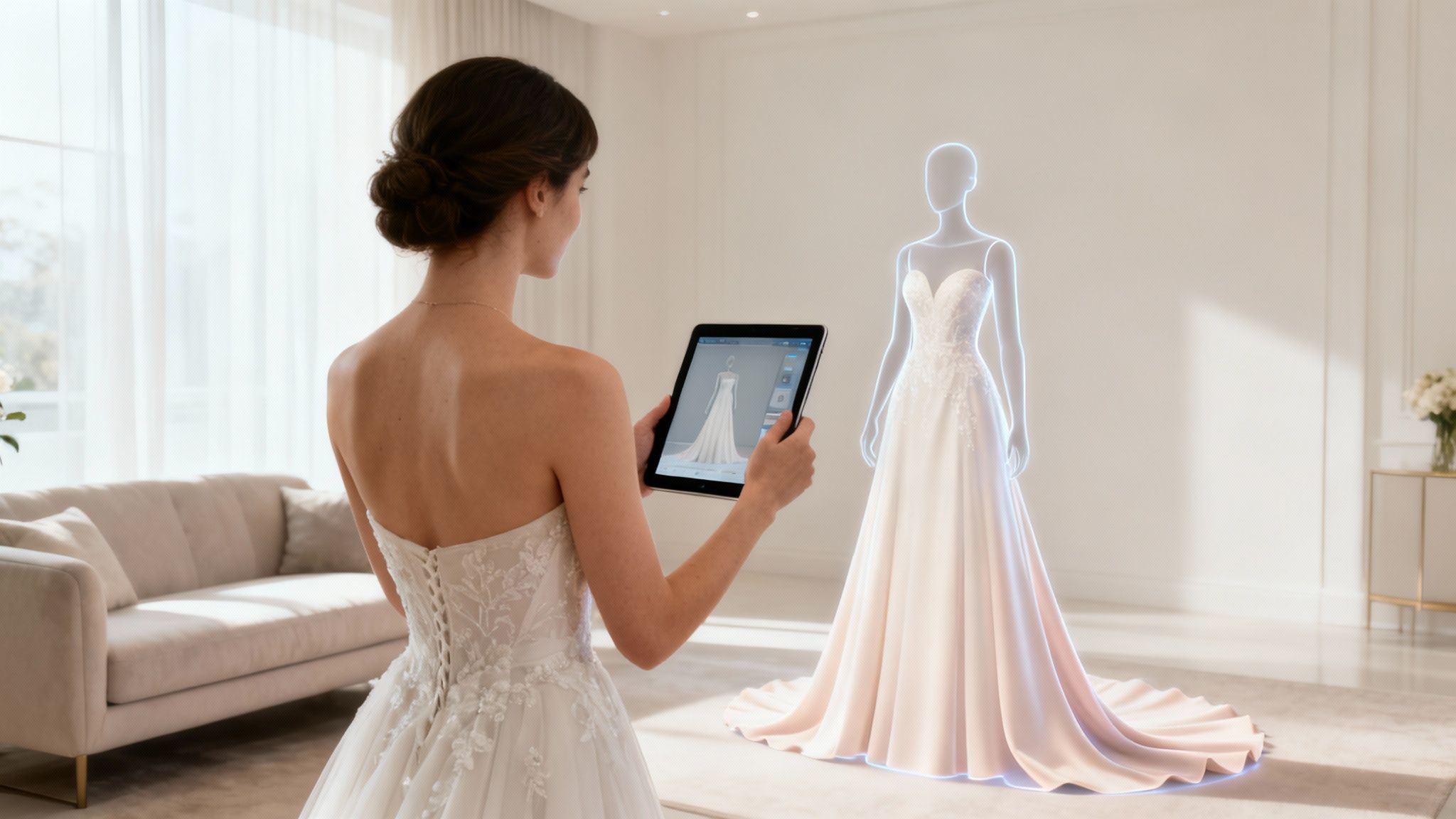 Woman in wedding dress using a tablet to project a virtual wedding gown onto a mannequin.