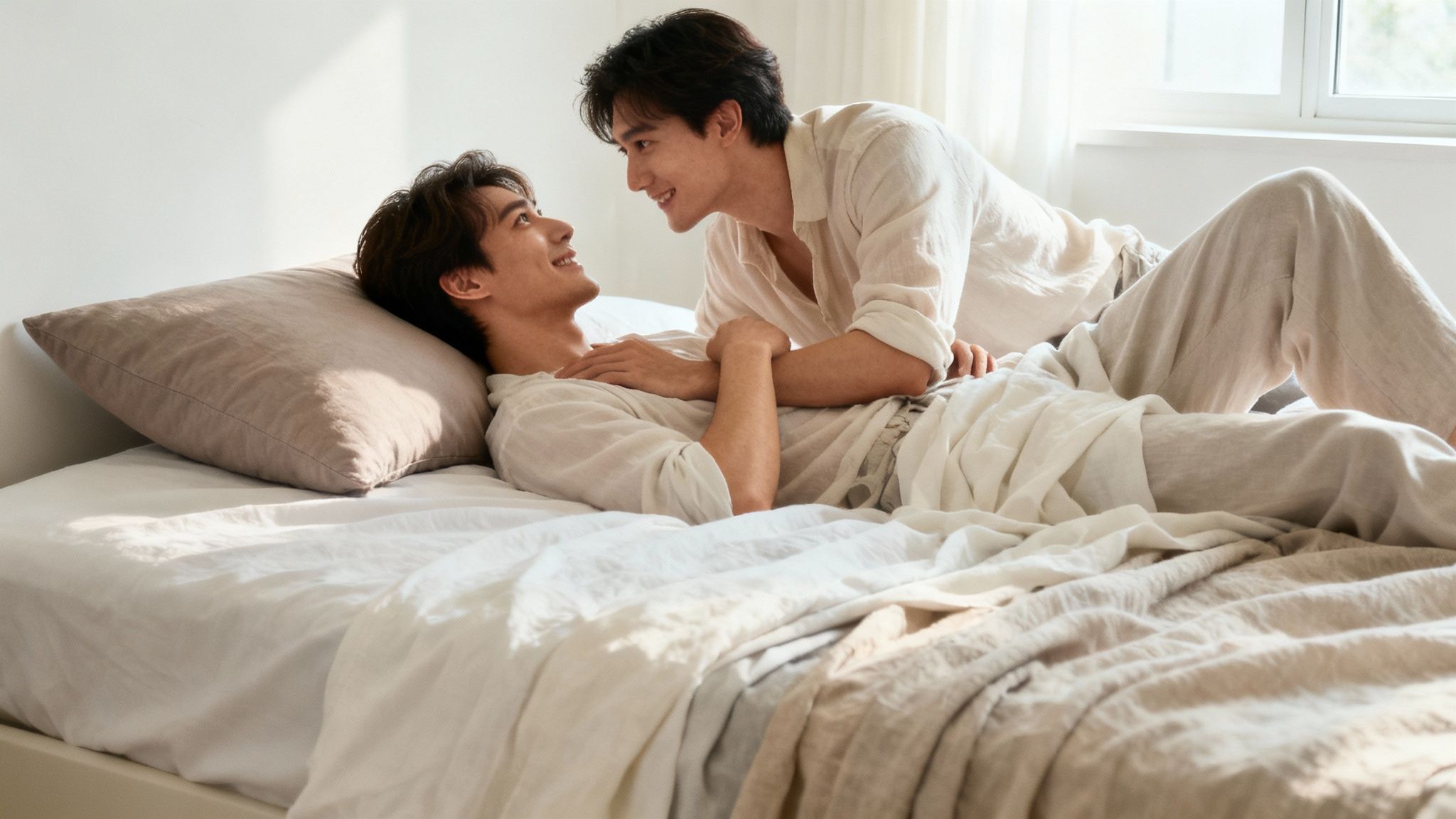 Two men in linen clothes smiling and looking at each other lovingly in bed.