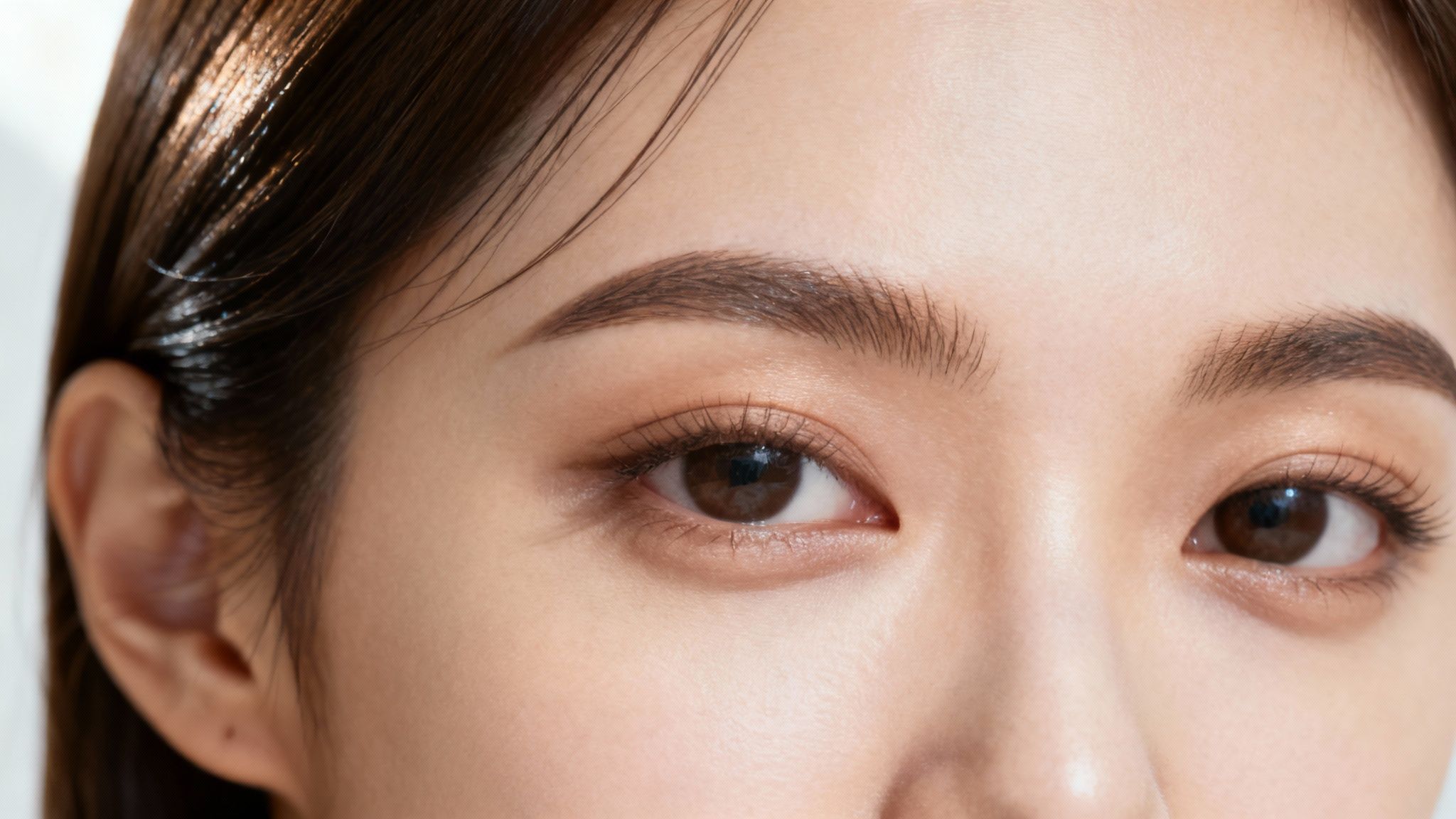 Close-up of woman's face showing natural brown eyebrows, eyes, and smooth skin with hair pulled back