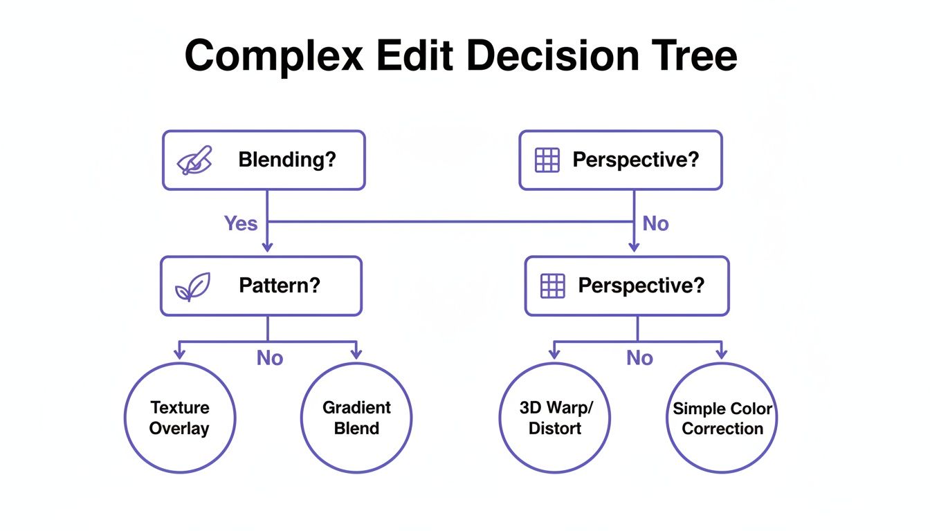 A complex edit decision tree flowchart for image processing, covering blending, pattern, and perspective options.