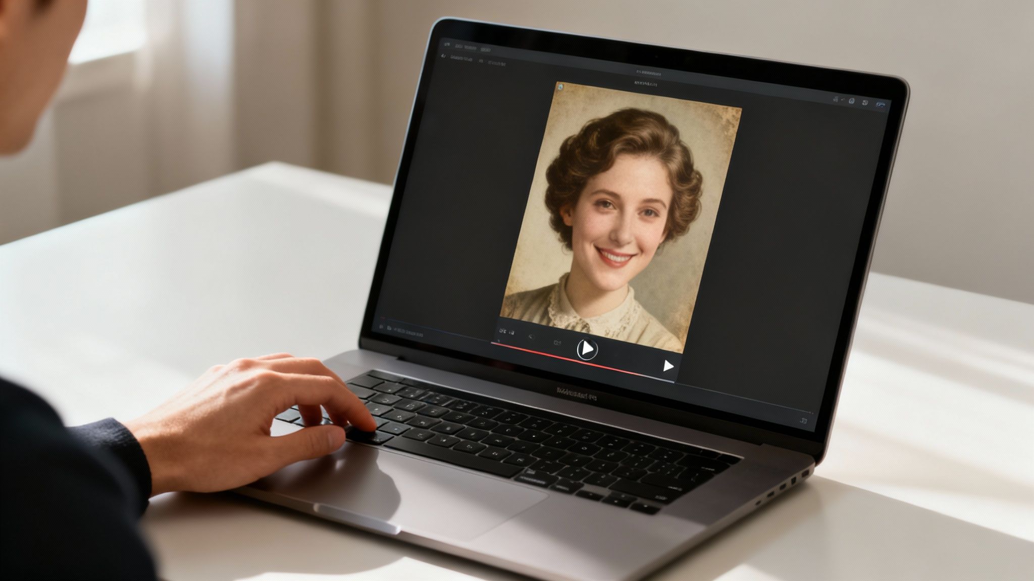 A person's hands on a laptop displaying a video of a smiling vintage-style woman.