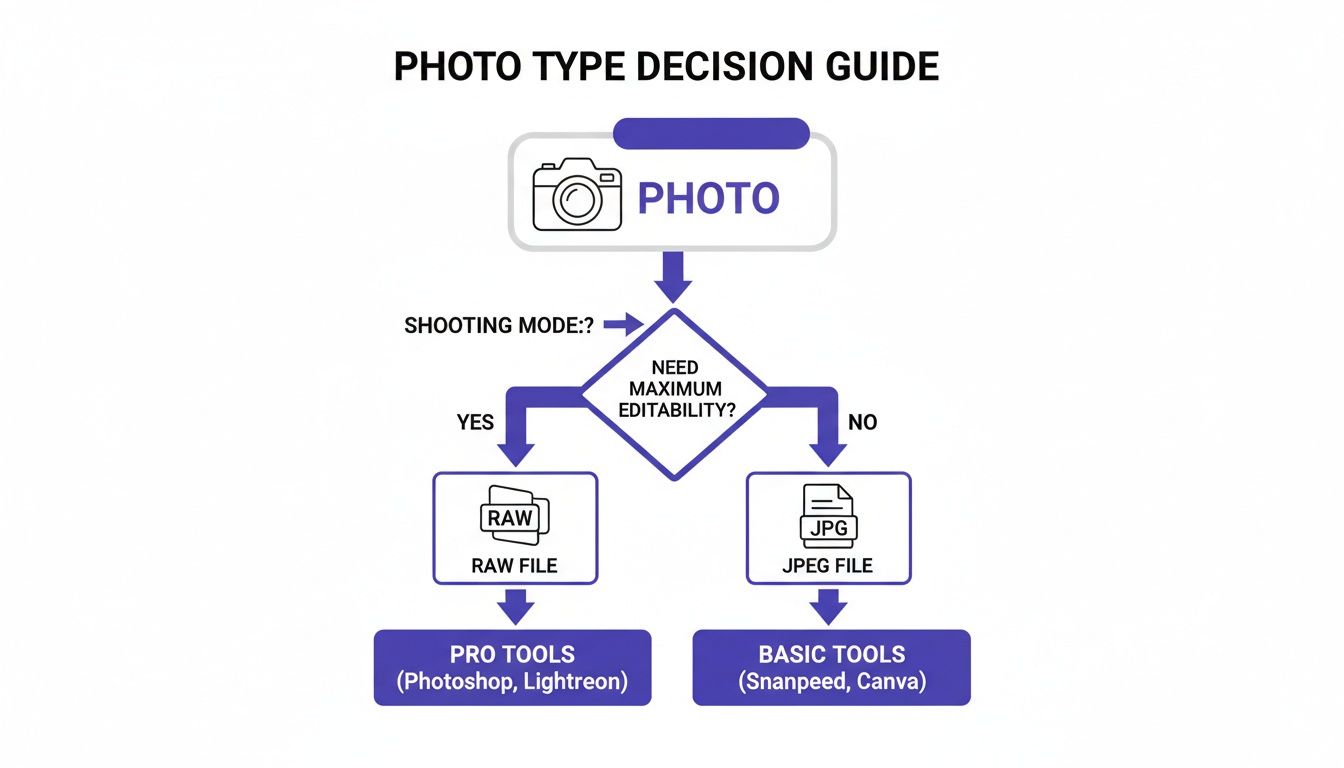 A flowchart guiding the choice between RAW and JPEG photo files based on maximum editability needs.