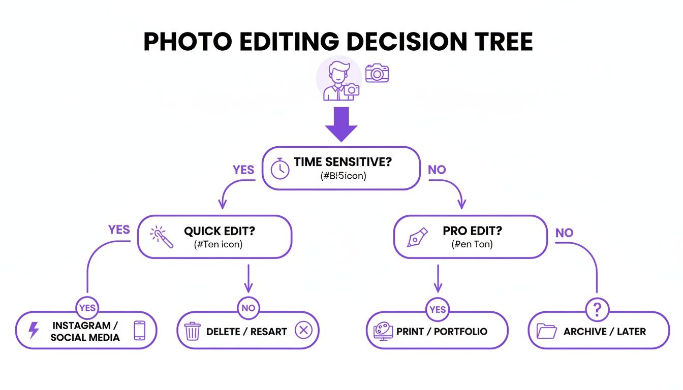 A photo editing decision tree flowchart guiding photographers on how to process images for different outputs.