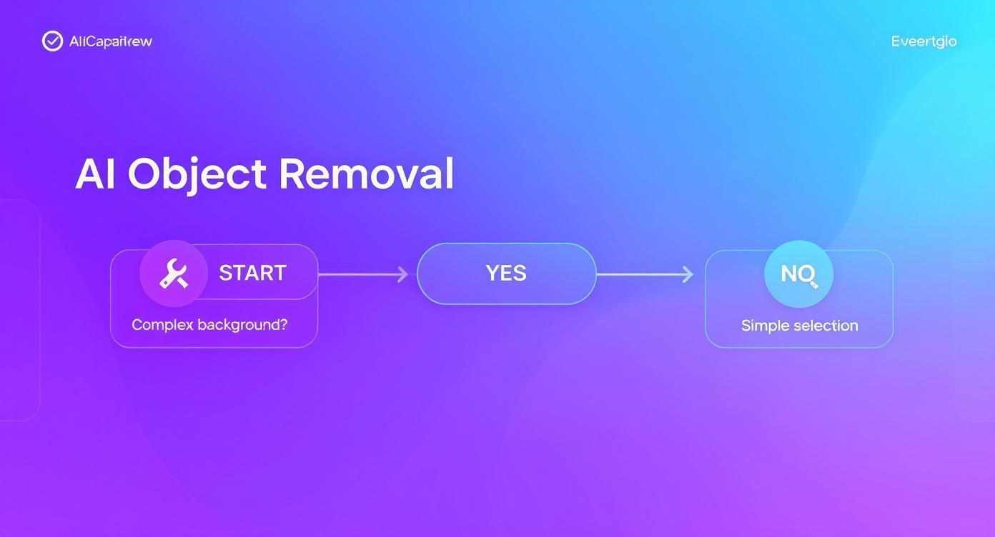 AI object removal flowchart showing decision process from complex background question to simple selection outcome