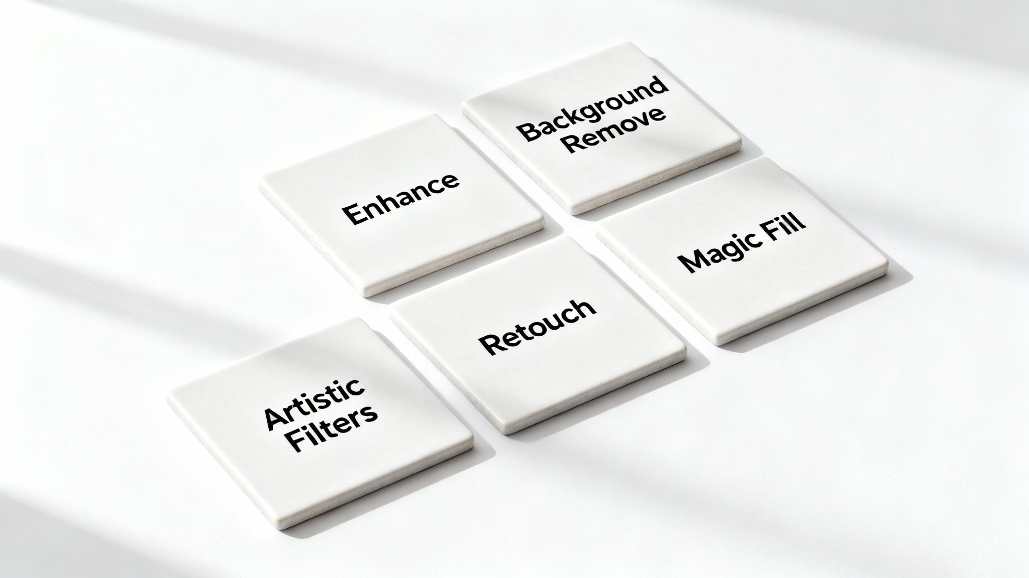 Five white tiles displaying various AI photo editing features: enhance, background remove, retouch, artistic filters, and magic fill.