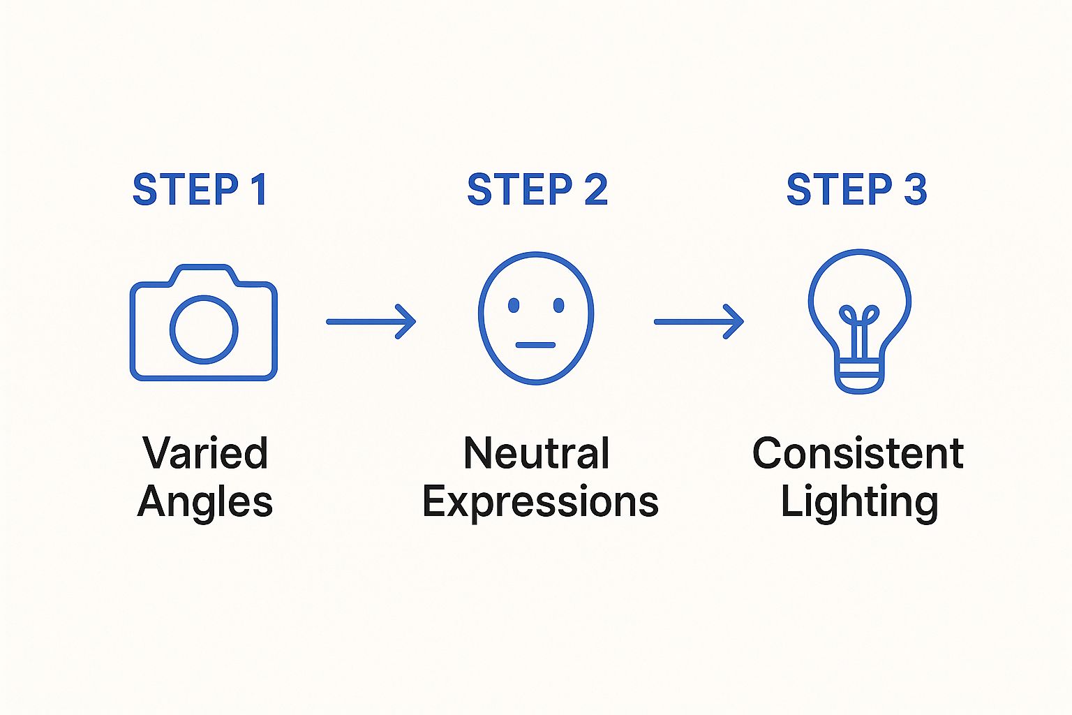 Infographic detailing the process of selecting photos for an AI headshot generator with icons for varied angles, neutral expressions, and consistent lighting.