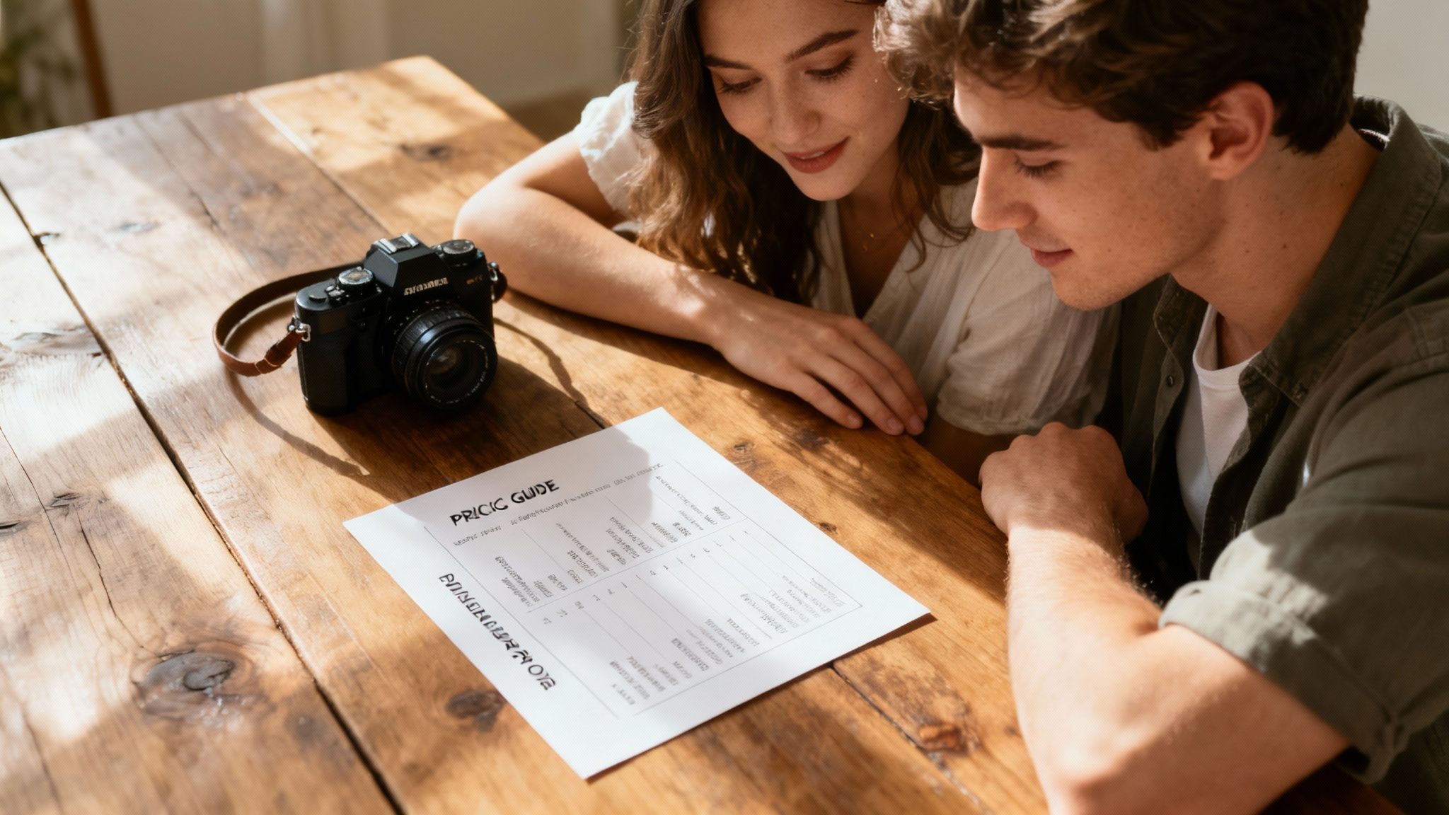 A newly engaged couple smiling and holding hands in a sunlit field.