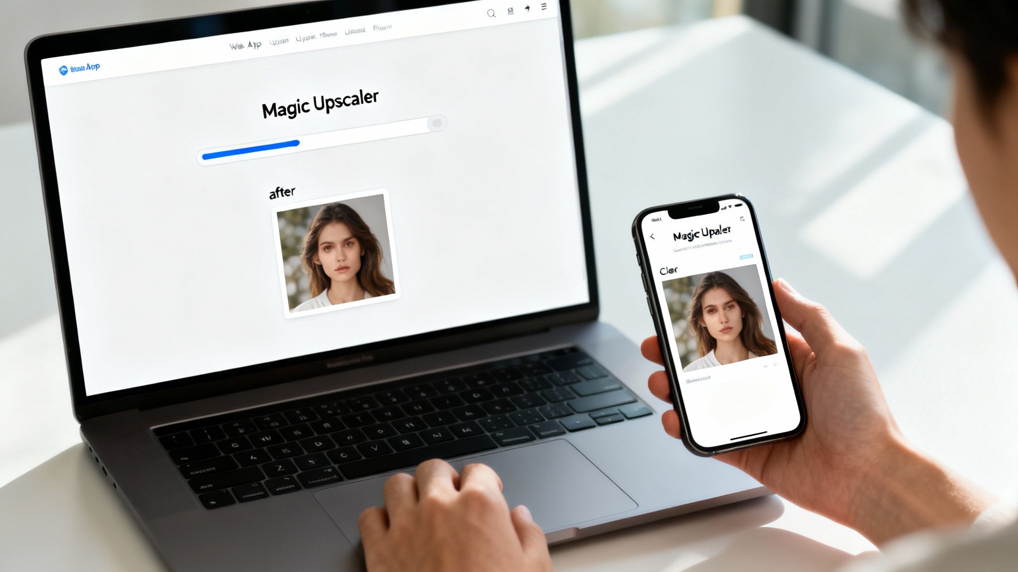 A person uses a laptop and smartphone to demonstrate a 'Magic Upscaler' app enhancing a photo.