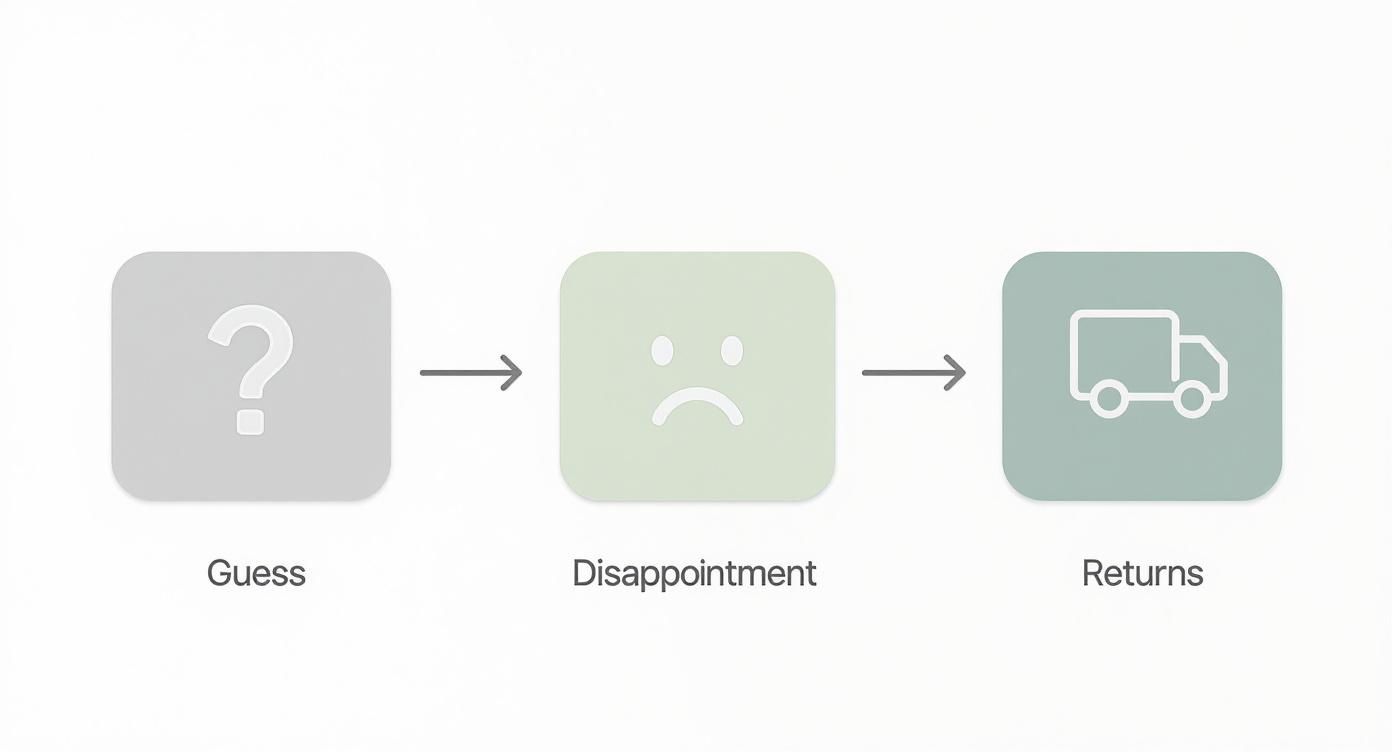 A three-step flowchart illustrating "Guess" (question mark), leading to "Disappointment" (sad face), then to "Returns" (delivery truck).