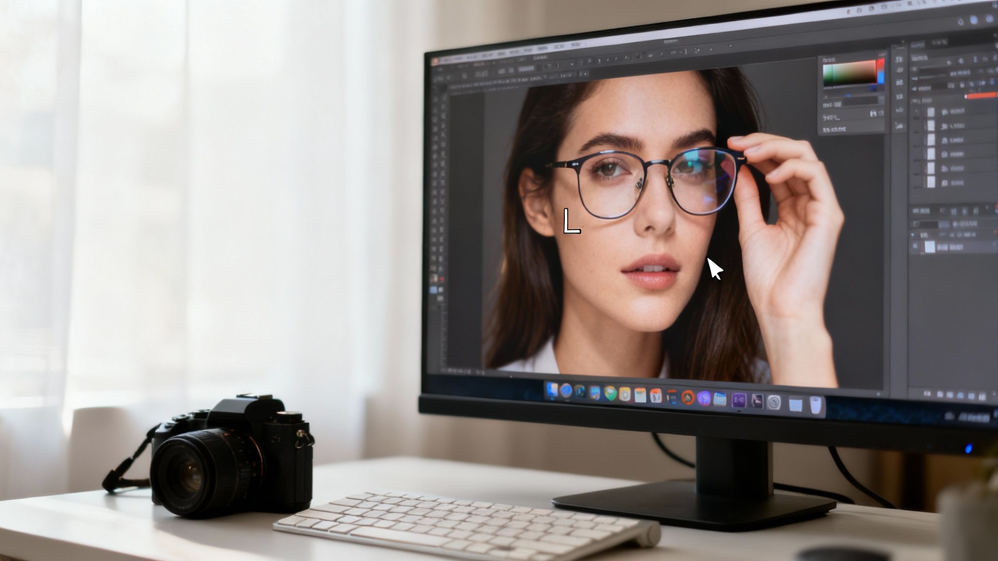 Photo editor using software to remove glare from glasses on computer monitor screen