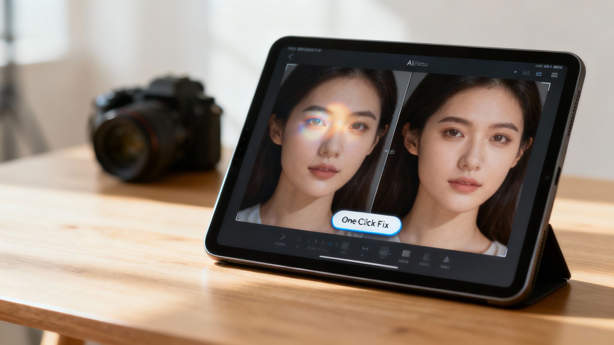 Tablet displaying before and after photo editing with one click fix feature removing eye glare