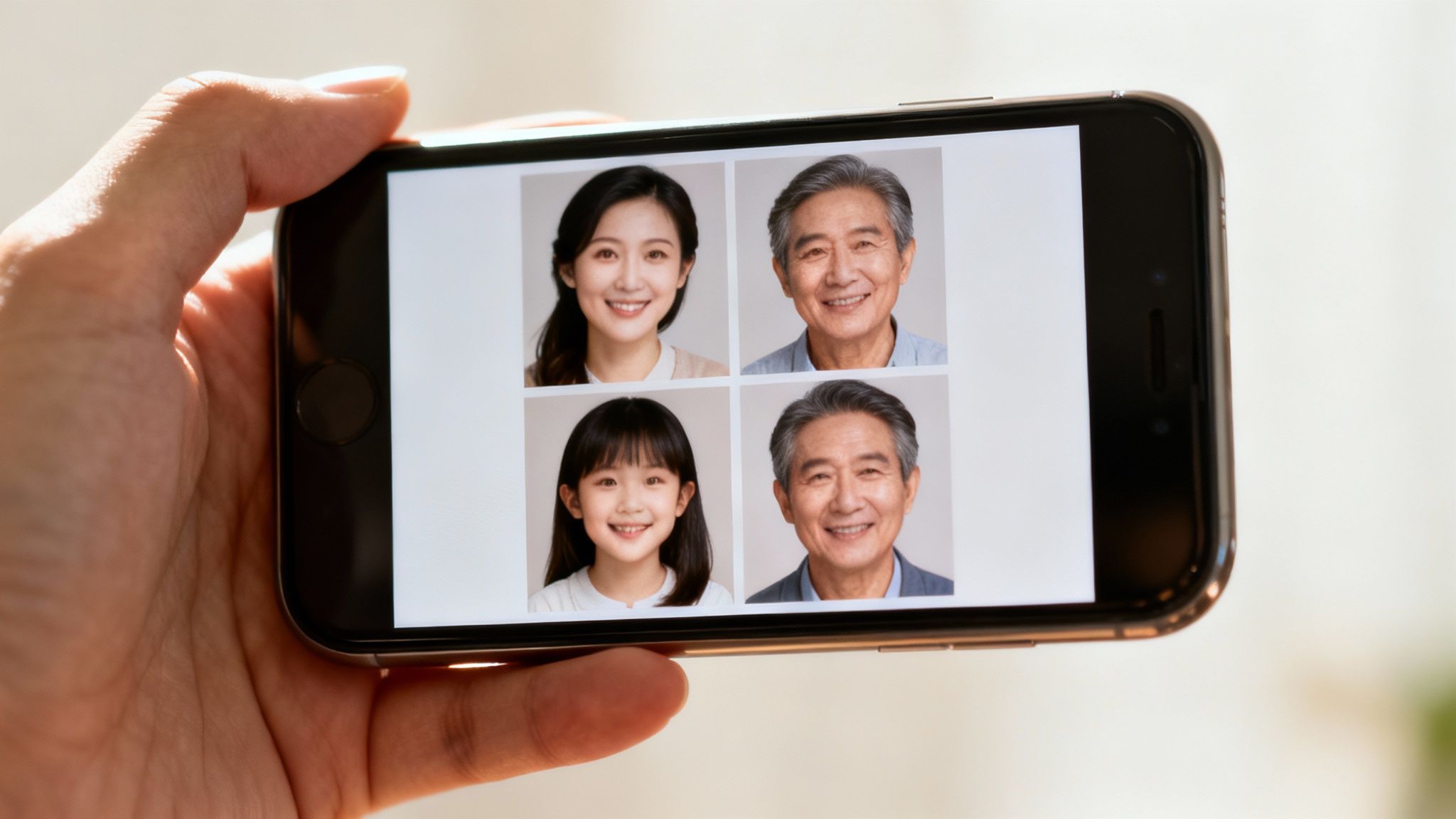 A hand holds a smartphone showing a grid of four AI-generated smiling family portraits: woman, man, girl, and another man.