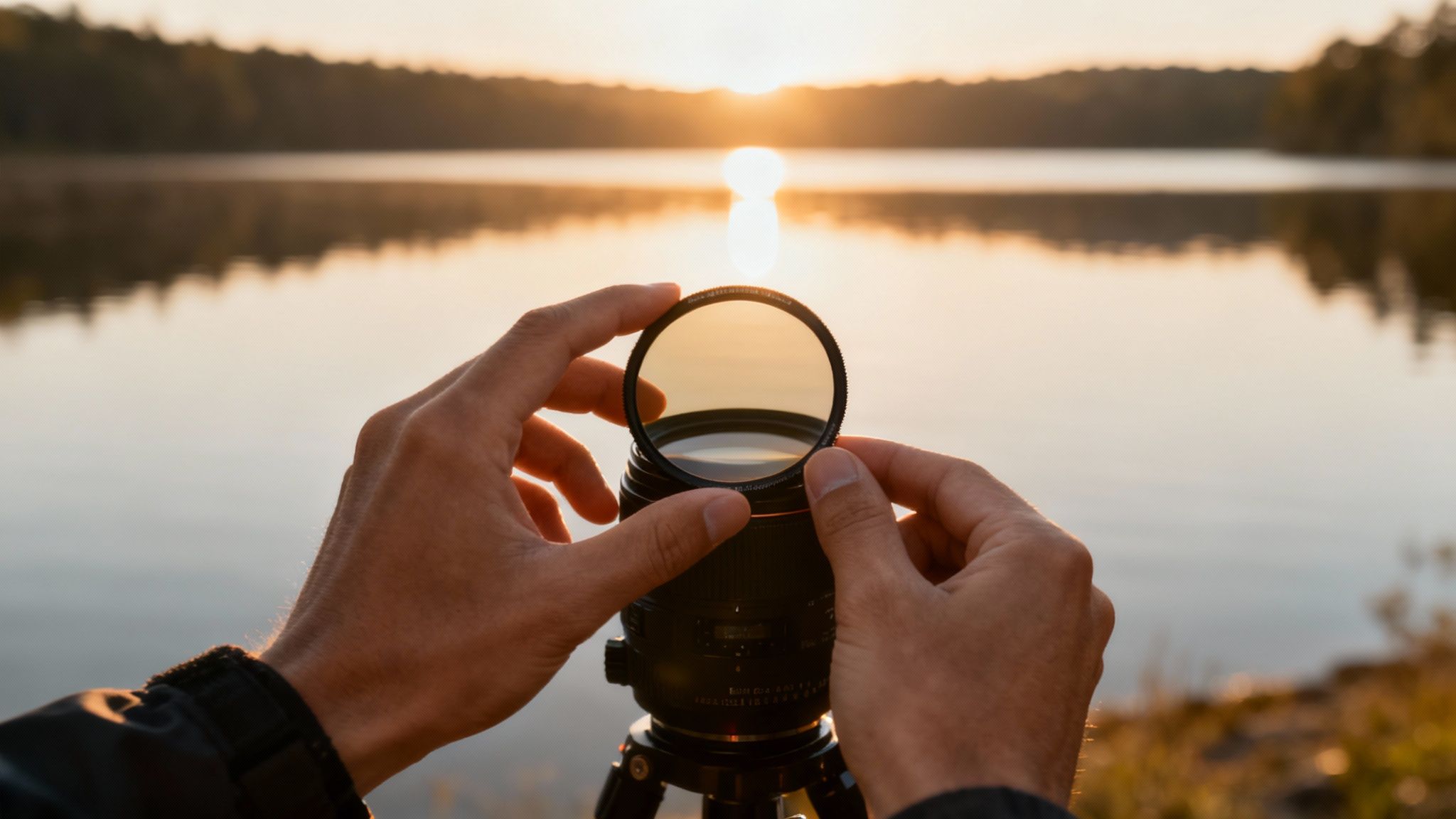 Photographer holding circular polarizing filter over camera lens at sunset lake landscape