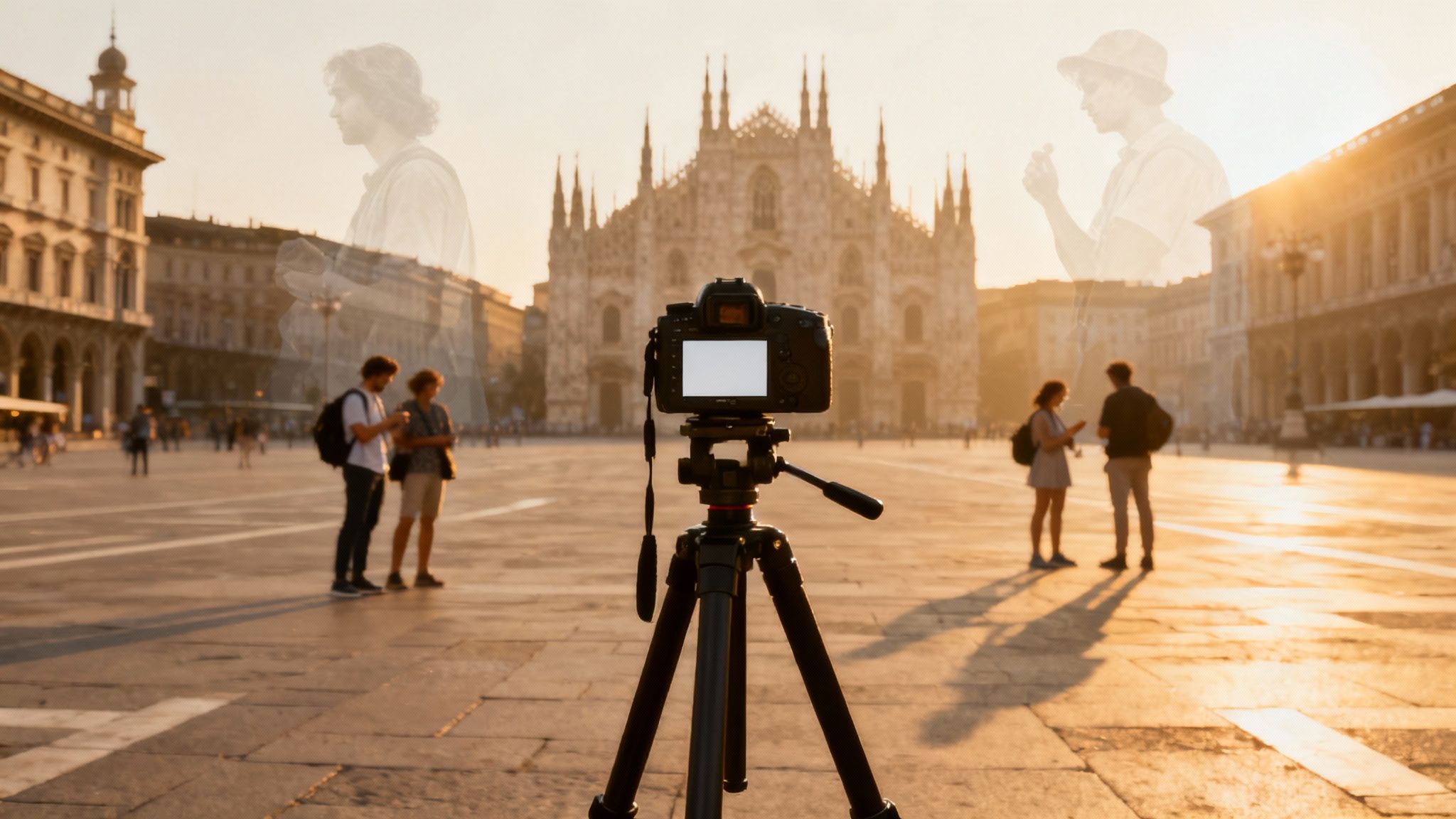 Camera on tripod capturing historic cathedral square with tourists during golden hour sunset