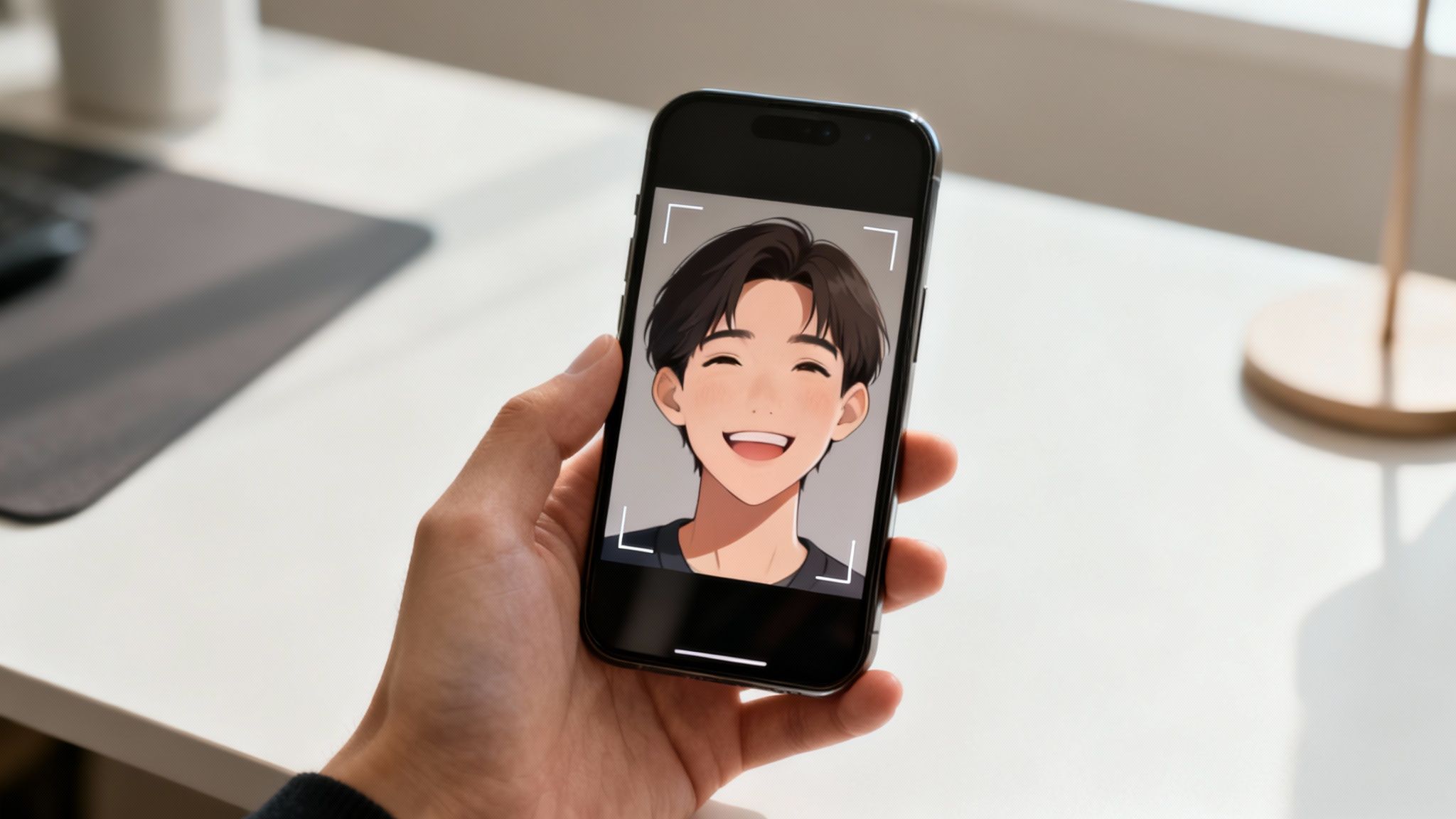 A hand holds a smartphone displaying an AI-generated smiling anime face with face recognition brackets.