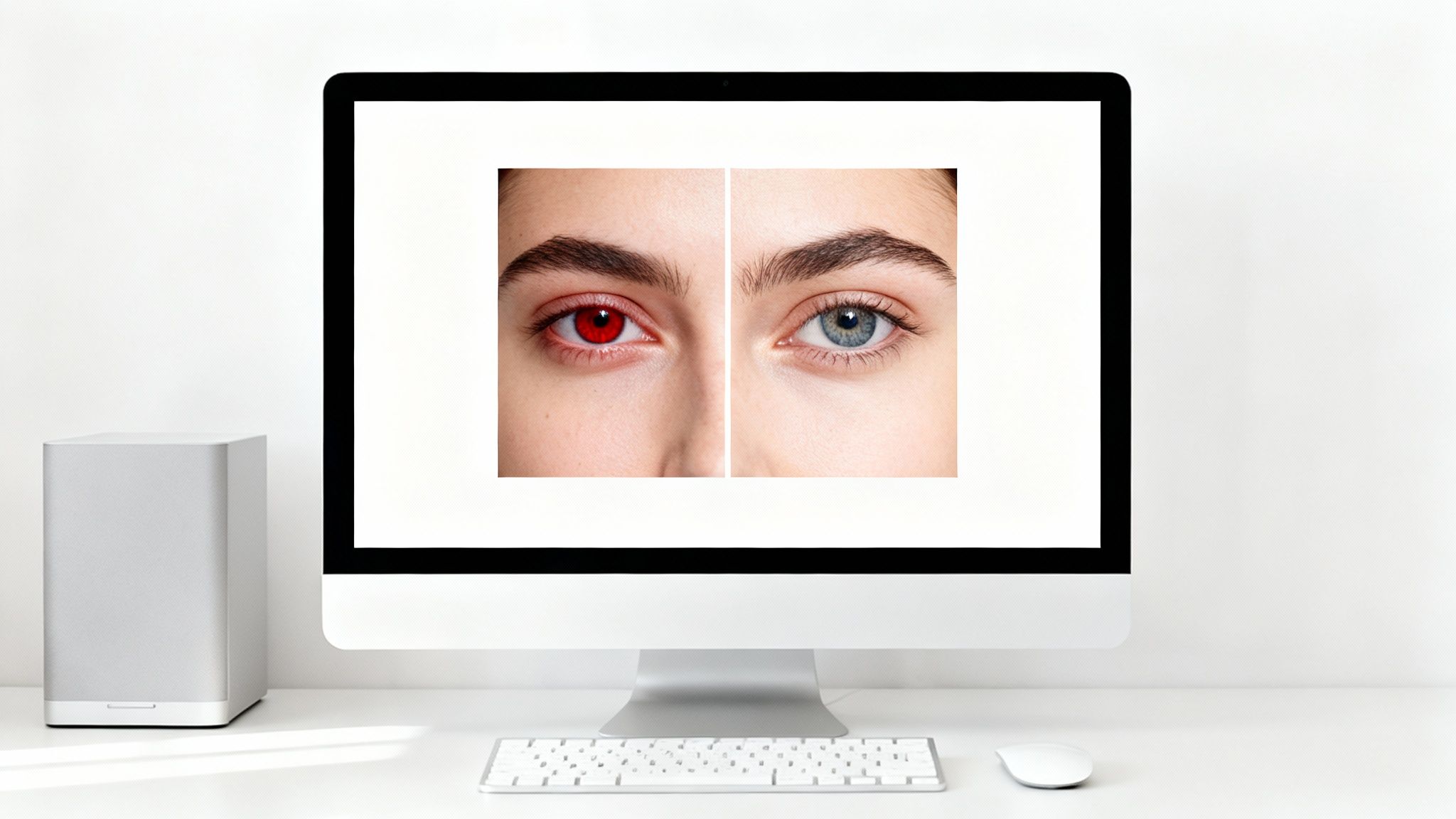 Computer monitor displays two eyes; one with red-eye effect, the other naturally blue, demonstrating correction.