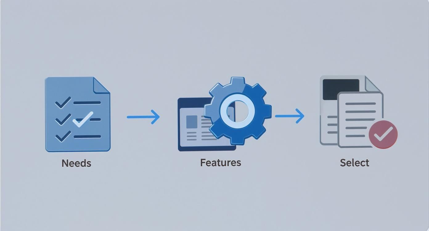 Infographic showing the process flow for choosing an AI photo tool with steps for analyzing needs, evaluating features, and selecting the right option.
