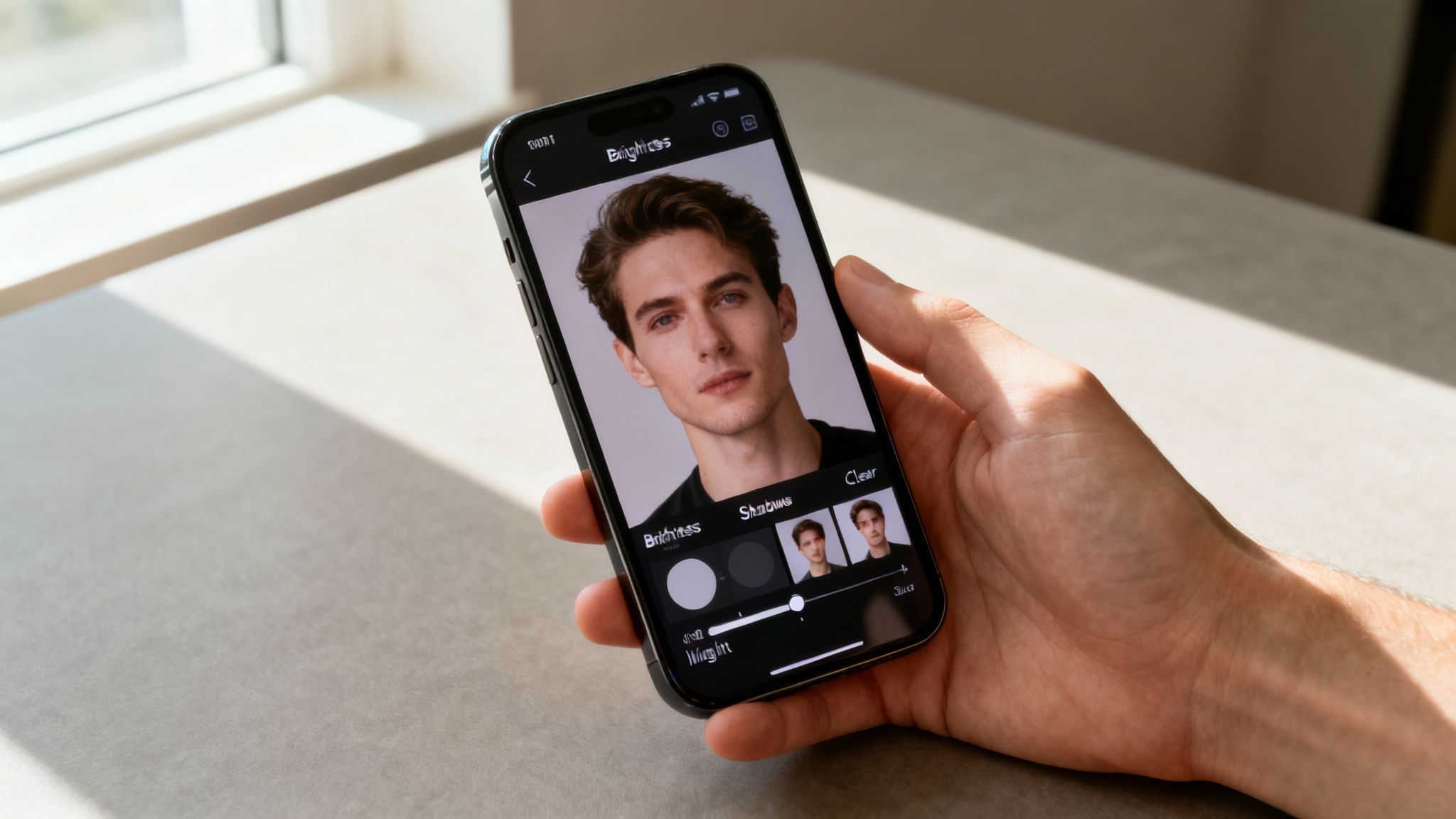 Close-up of a hand holding a smartphone, editing a man's portrait photo for brightness.