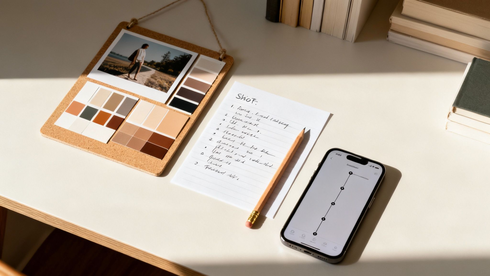 A creative desk setup with a mood board, color swatches, shot list, and smartphone, perfect for photoshoot planning.