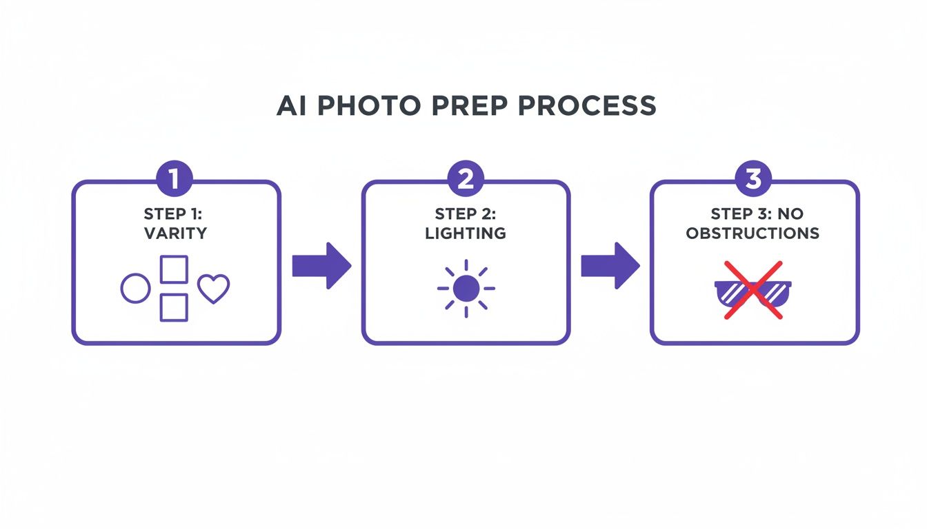 A diagram illustrating the AI photo preparation process with three steps: varity, lighting, and no obstructions.