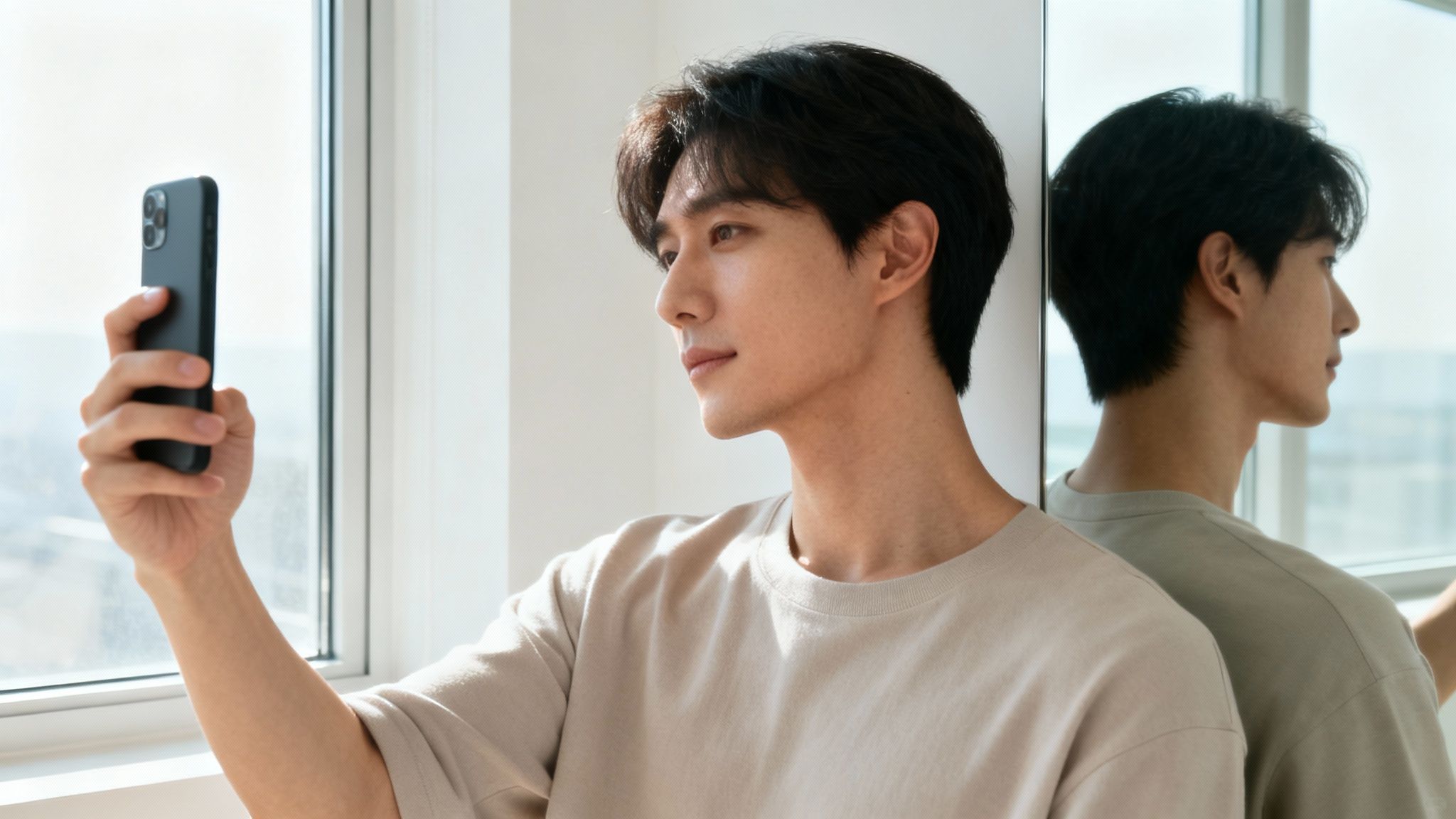 Young Asian man taking a selfie with his smartphone by a window, his reflection visible.