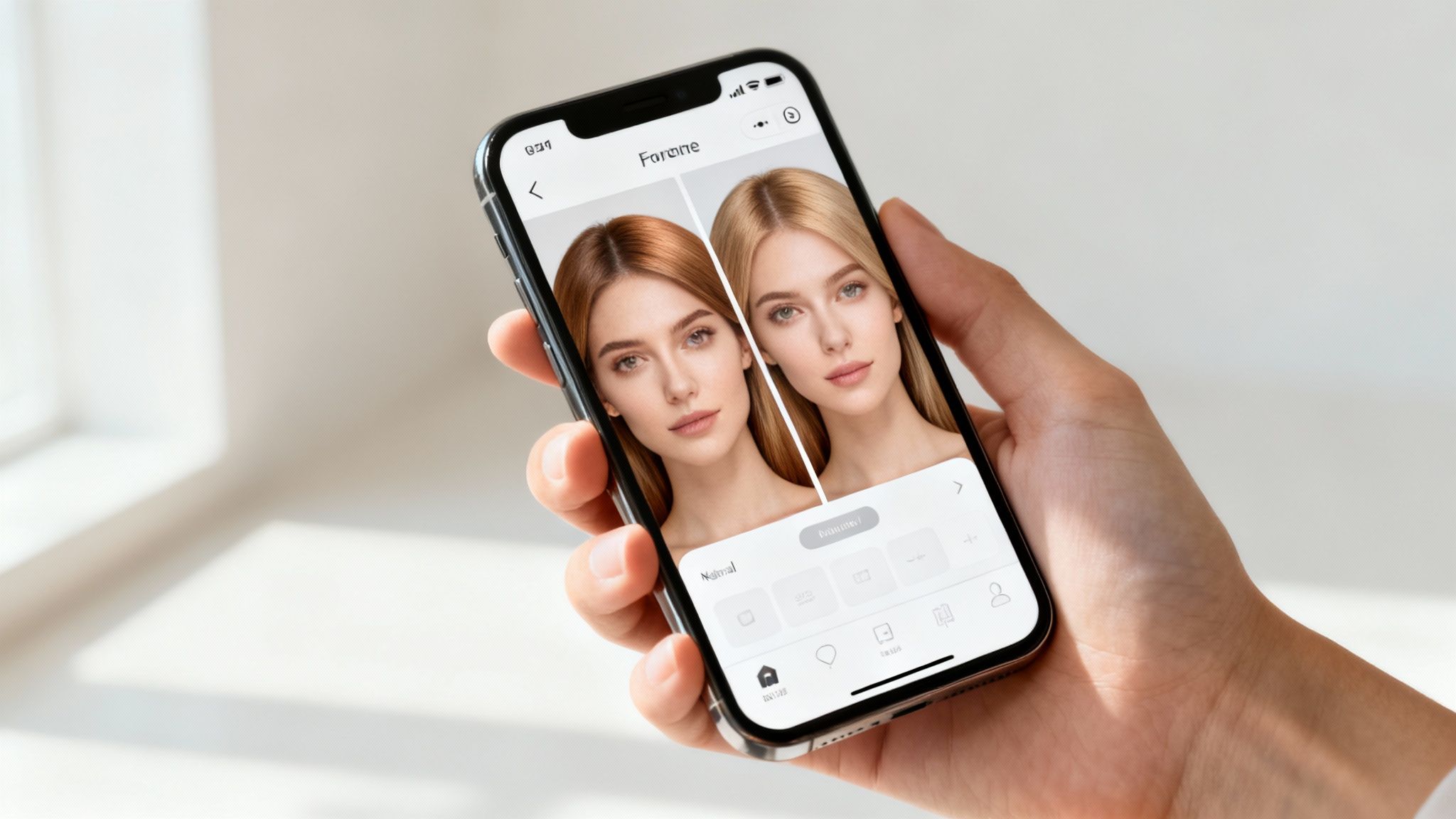 A hand holds a smartphone displaying a split screen app for hair color transformation.