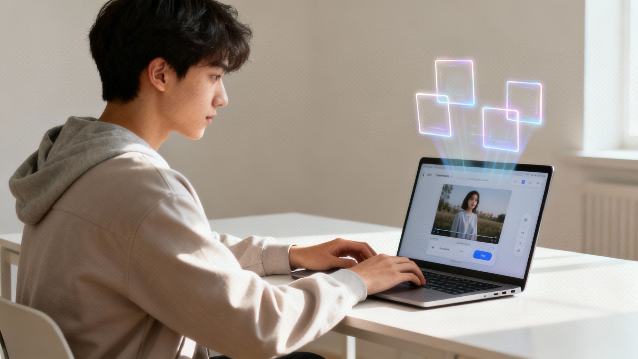 Young man in a hoodie editing a video on a laptop with AI-generated holographic elements.