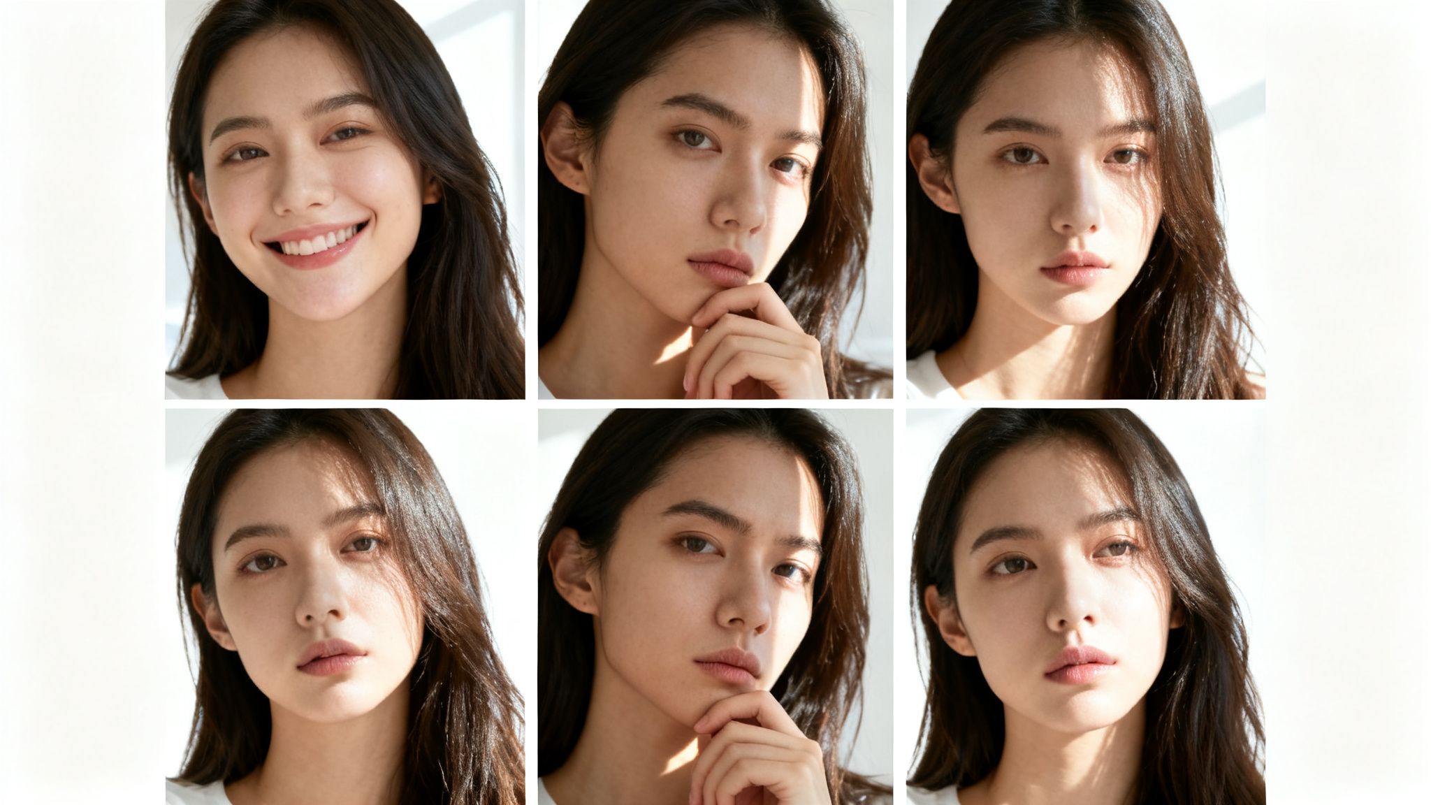 Six diverse headshots of an attractive East Asian woman with long dark hair.