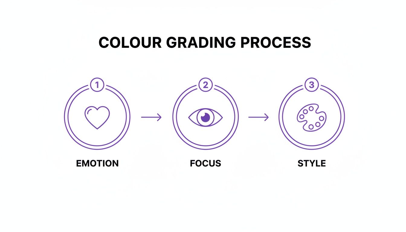A diagram illustrating the colour grading process with three steps: emotion (heart), focus (eye), and style (palette).