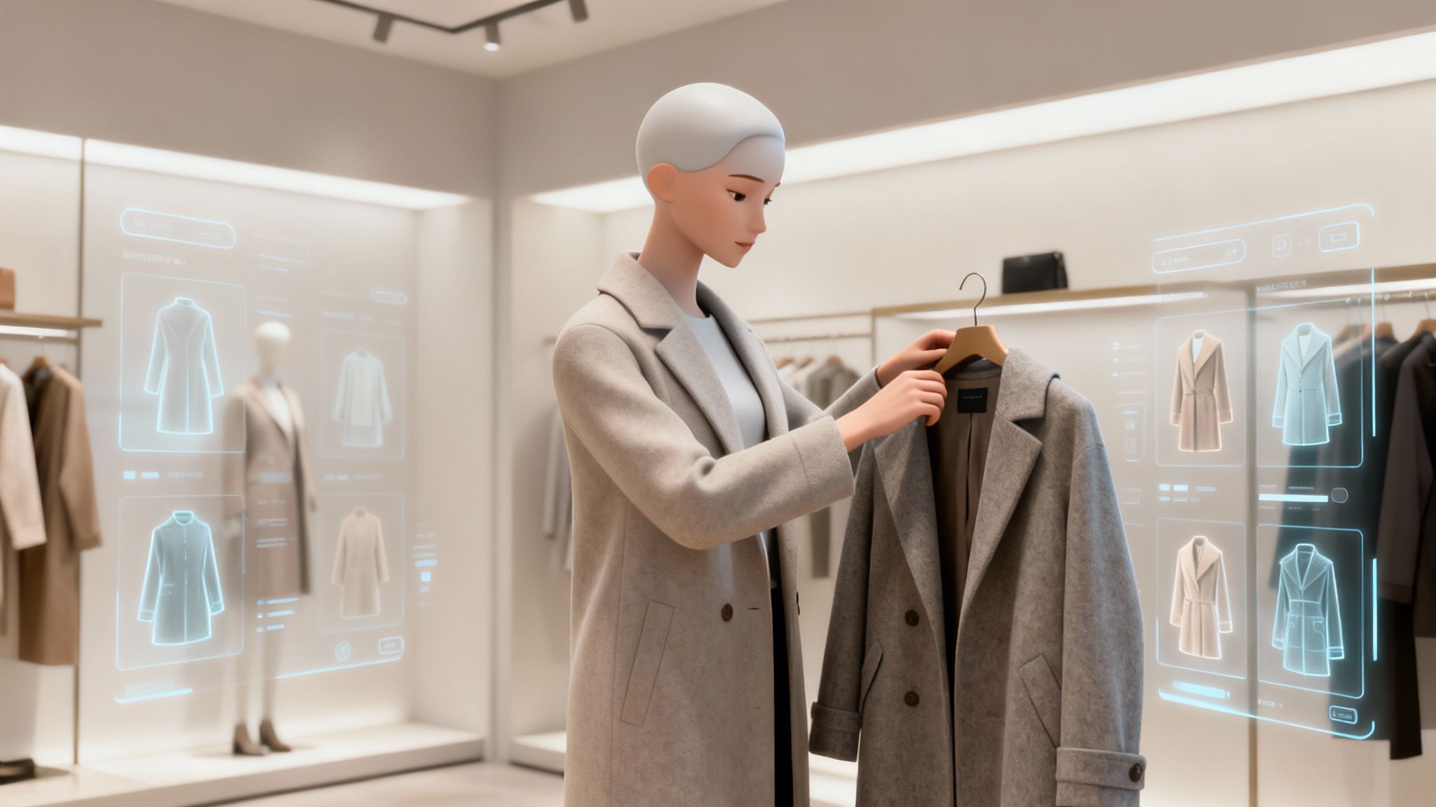 AI humanoid shopper in a modern clothing store, interacting with a virtual dressing room display.