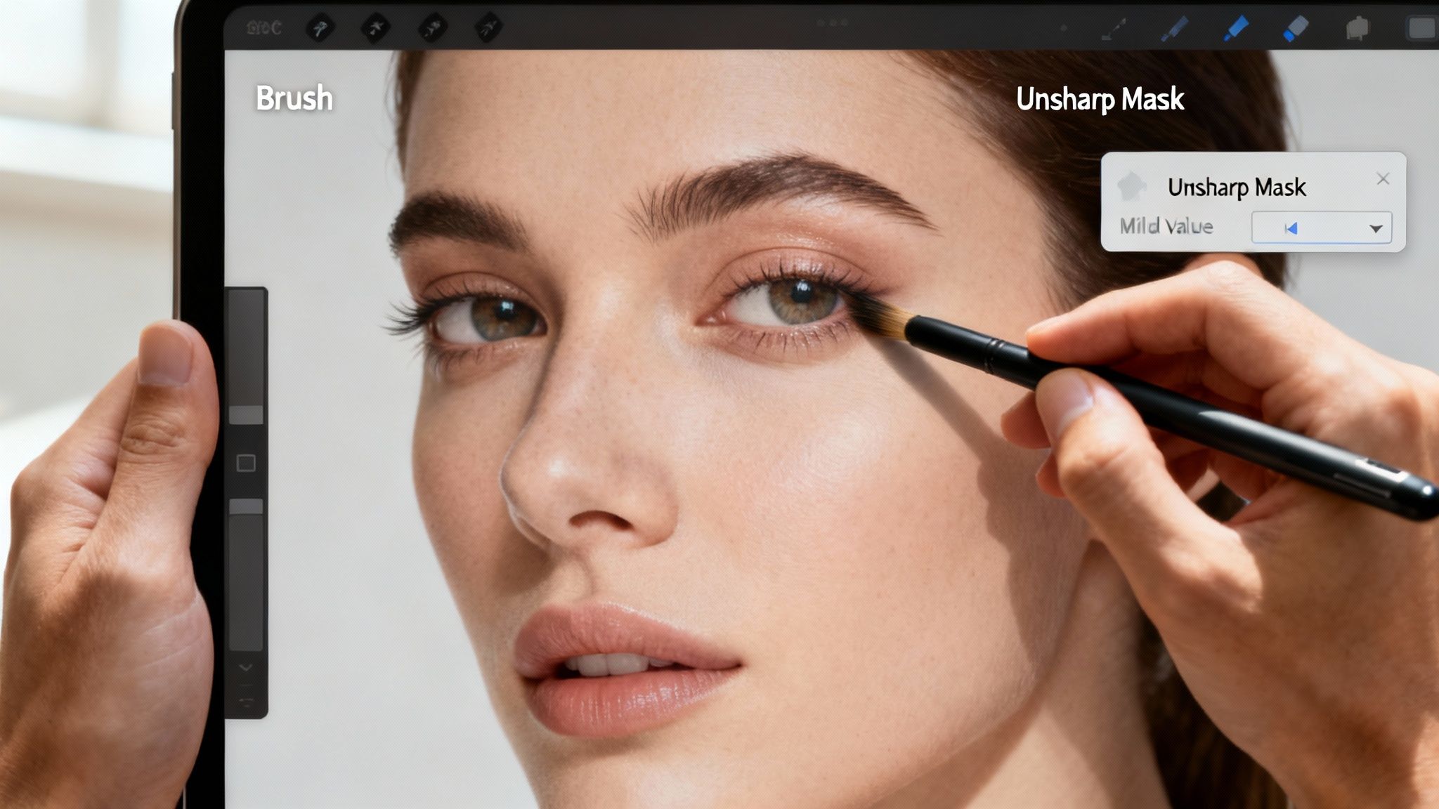 Hands using a brush tool on a tablet to edit a woman's eye in photo editing software.