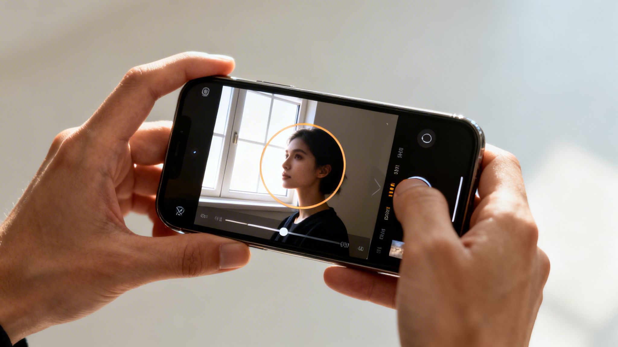 Hands hold a smartphone displaying a photo of a woman's profile, adjusting exposure settings.