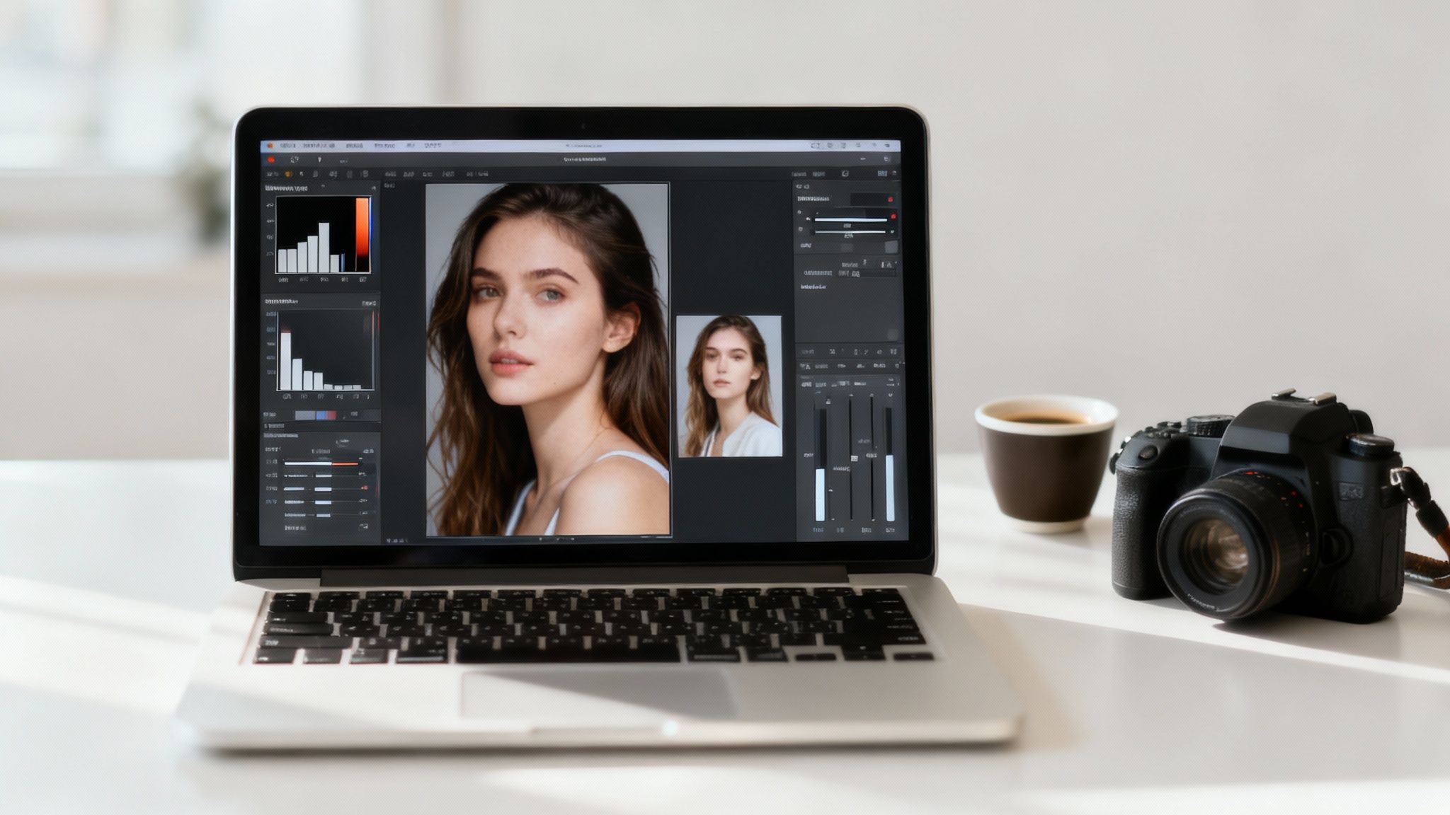 A vibrantly colored cityscape at sunset with purple, orange, and blue tones.