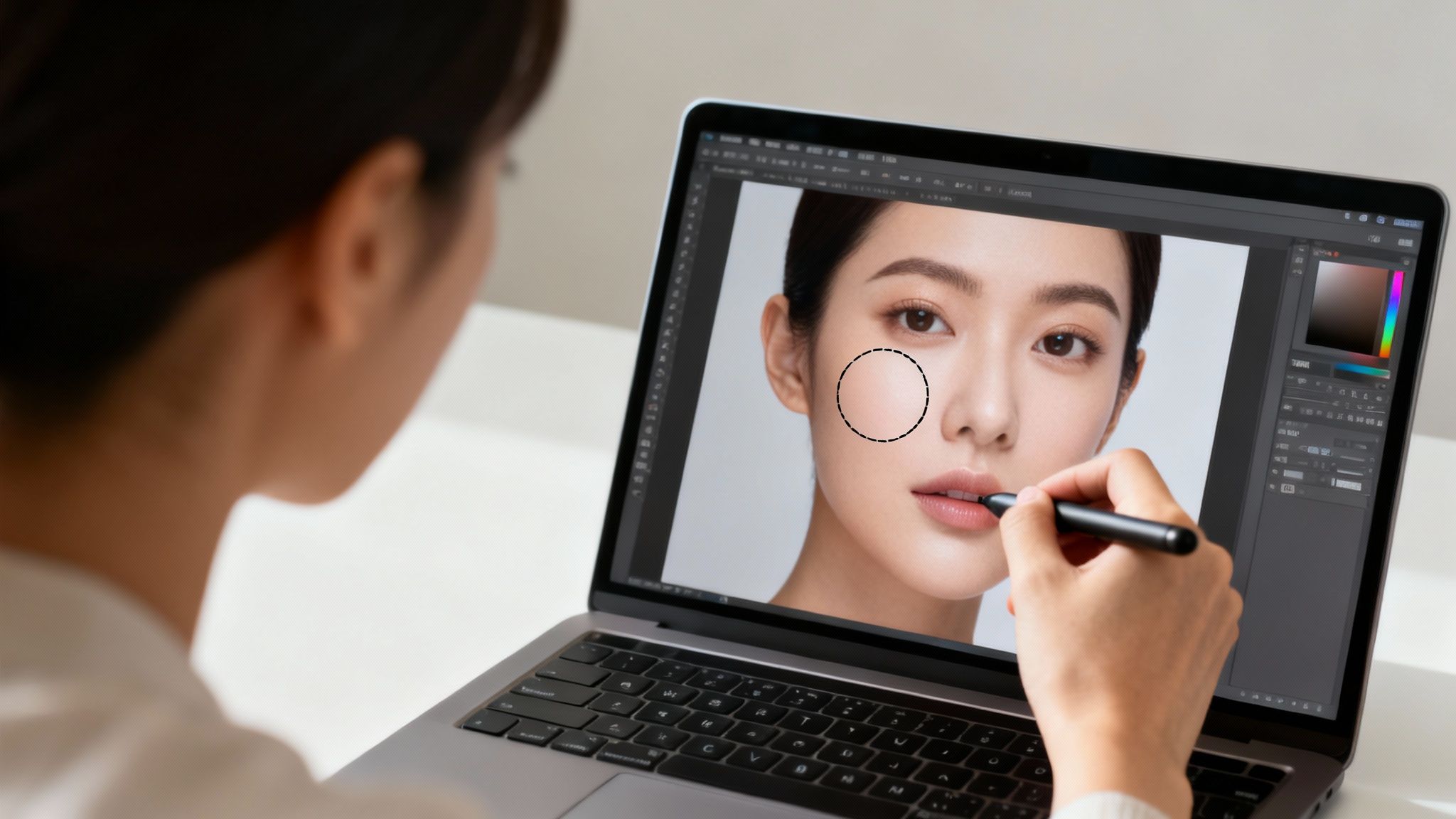 Person editing a woman's portrait on a laptop with a stylus, retouching skin imperfections.