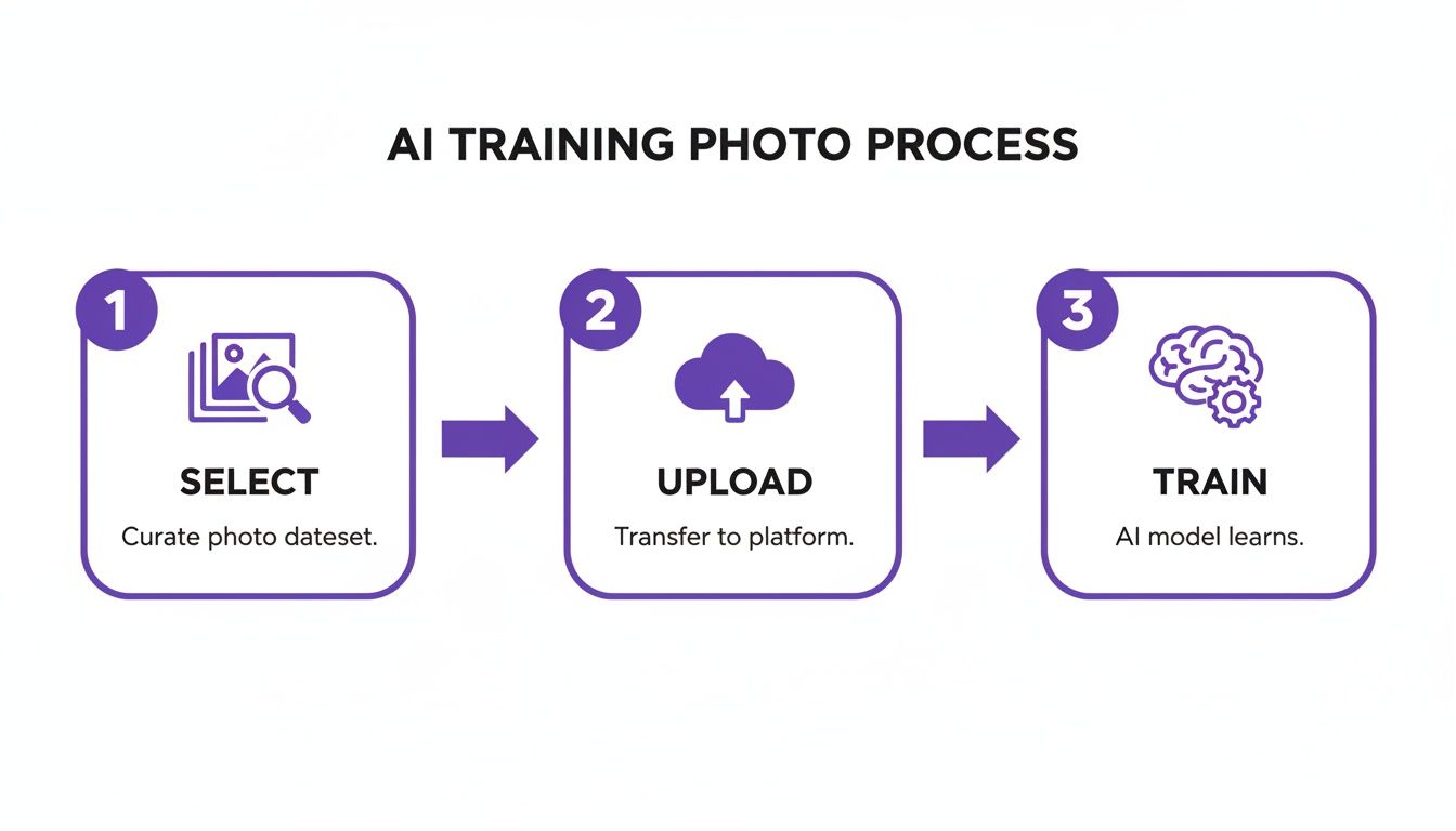 Infographic illustrating the AI photo training process: select dataset, upload images, and train model.