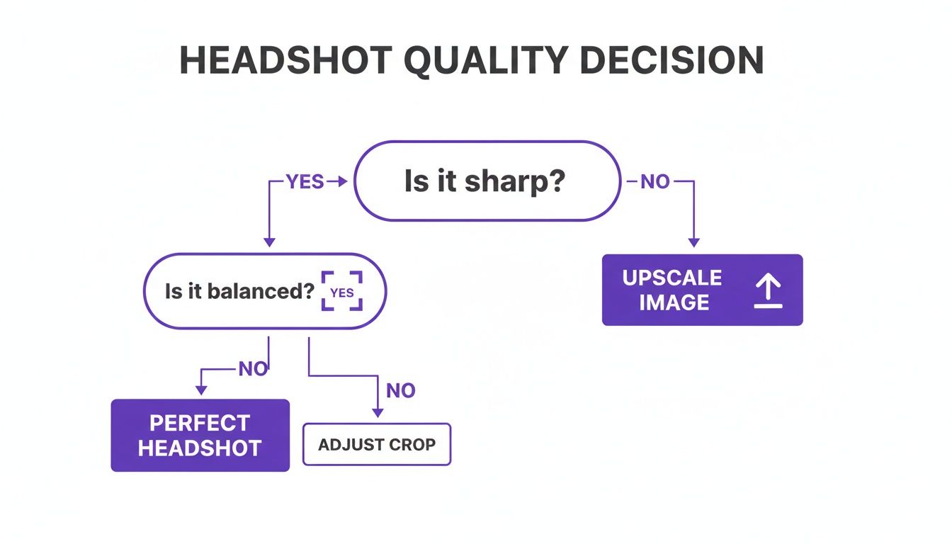 Decision flowchart for headshot image quality, evaluating sharpness, balance, and crop adjustments.