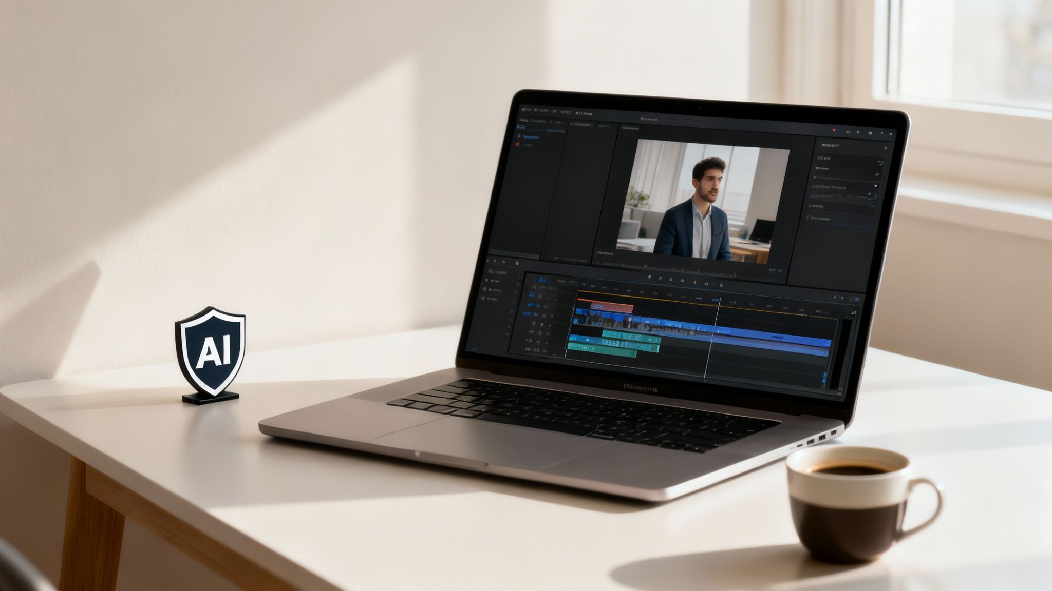 A laptop displays video editing software with an AI shield icon and a coffee cup on a desk.