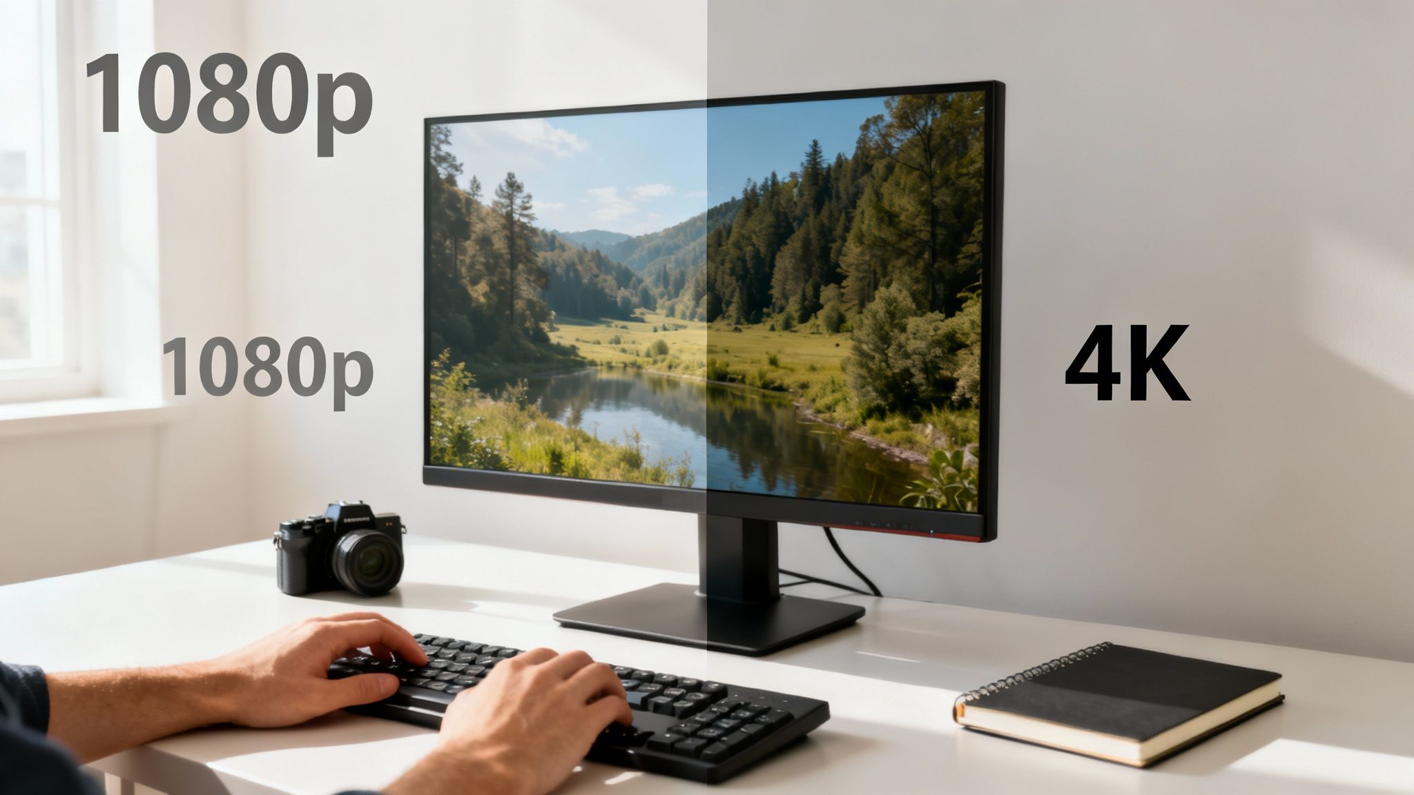 Person at desk comparing 1080p and 4K resolution of a landscape on a computer monitor.