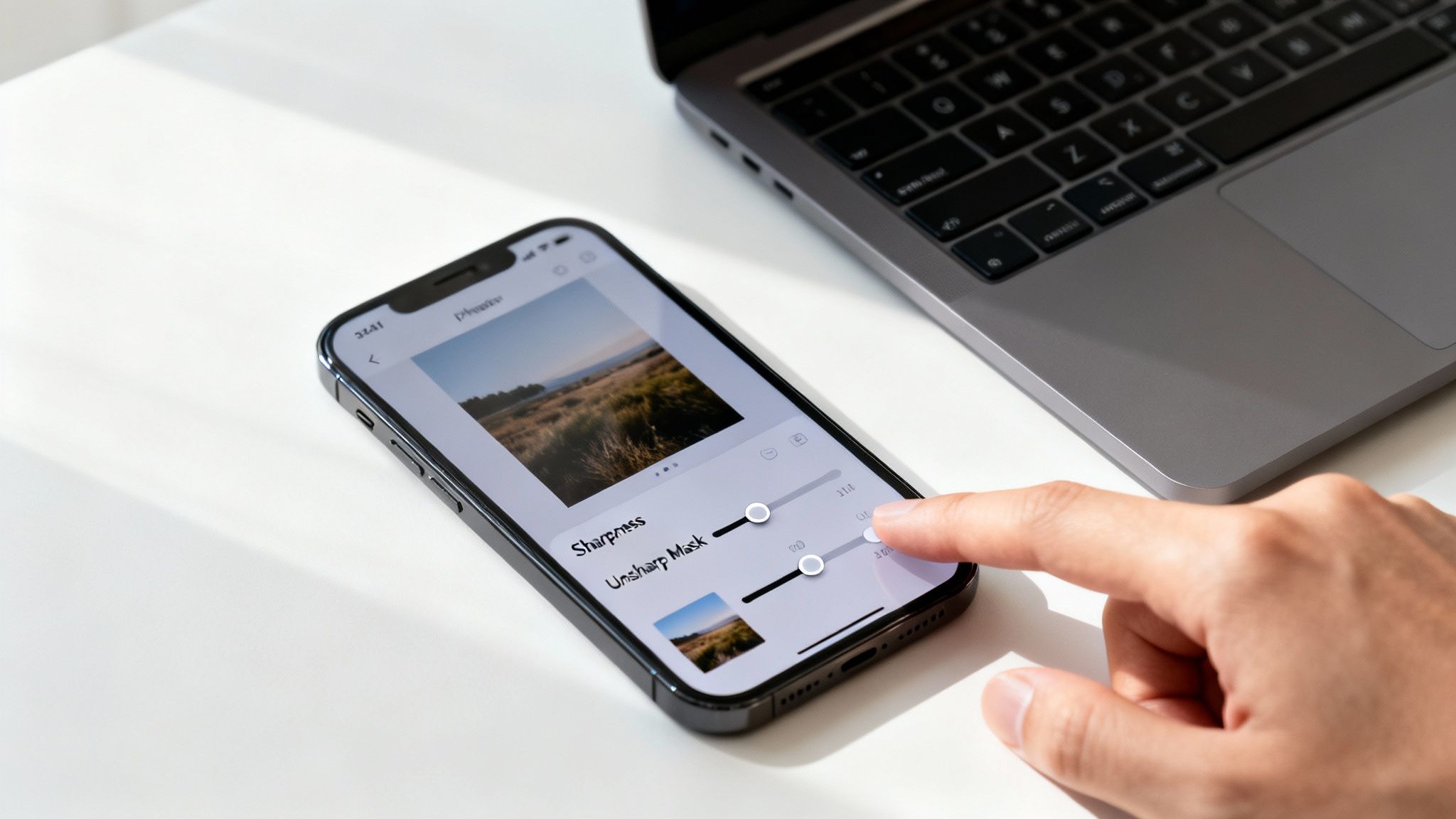 A hand edits a landscape photo on an iPhone, adjusting sharpness settings, with a laptop nearby.