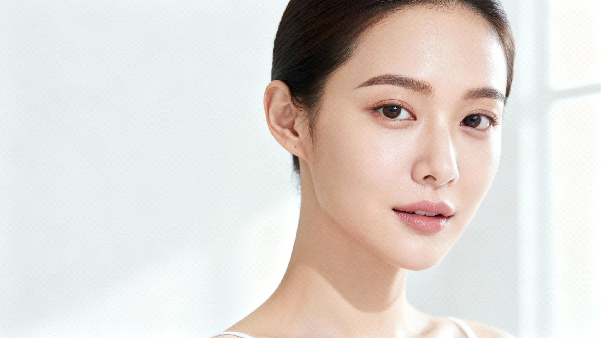 A woman with blonde hair smiling against a blurred, neutral background, demonstrating a good source photo for AI editing.